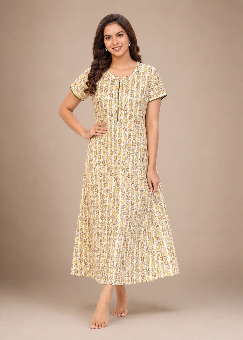 Mustard Leaf Print Cotton Nightgown