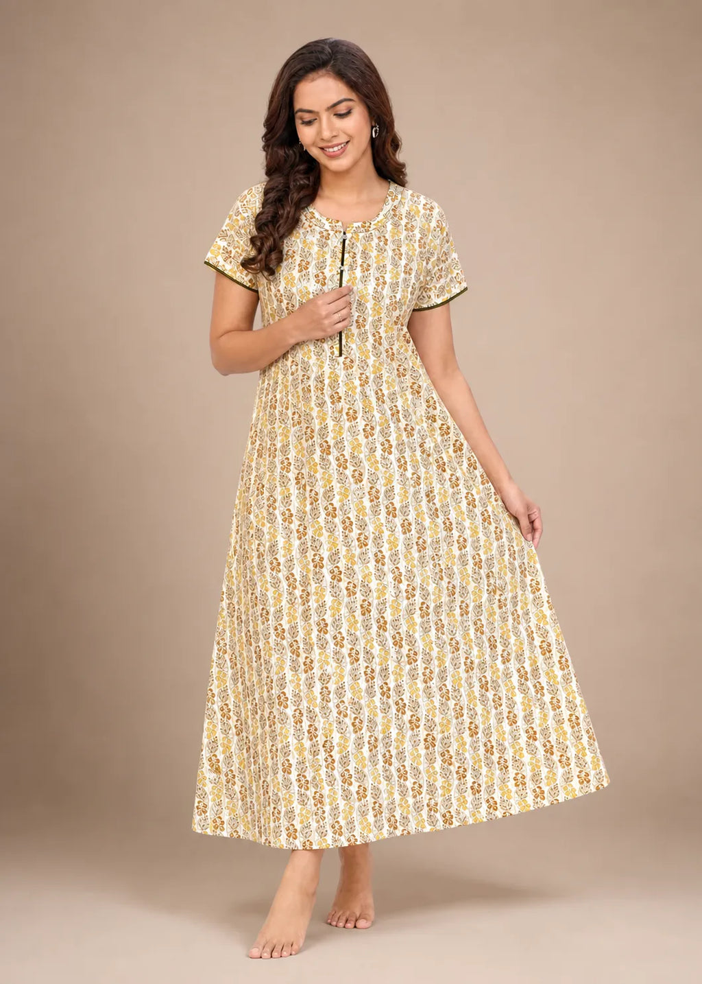 Mustard Leaf Print Cotton Nightgown