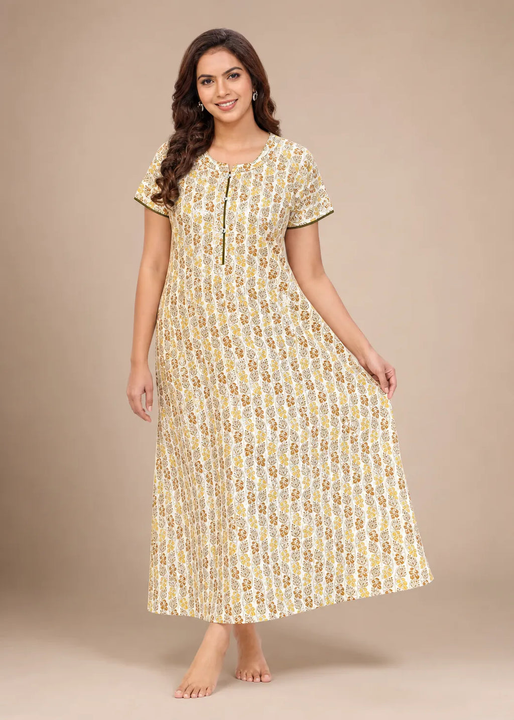 Mustard Leaf Print Cotton Nightgown