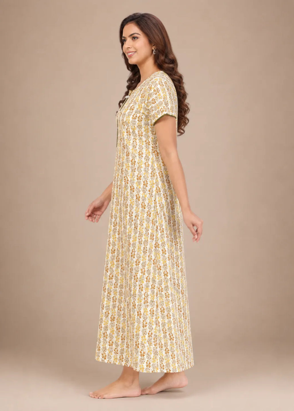 Mustard Leaf Print Cotton Nightgown