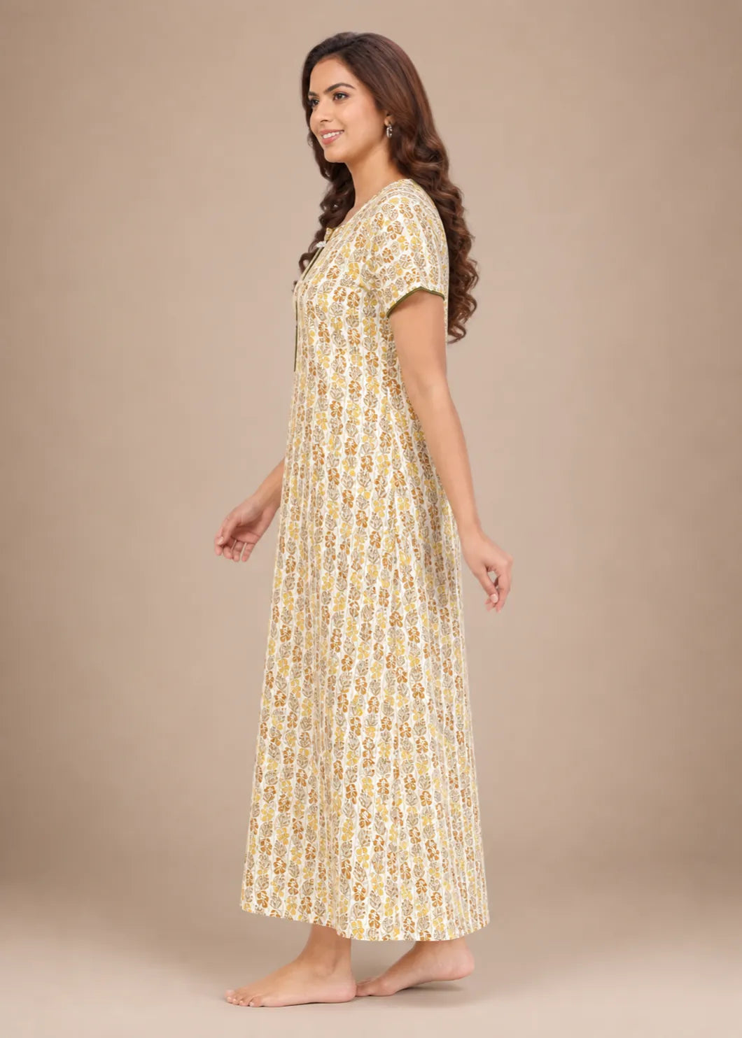 Mustard Leaf Print Cotton Nightgown