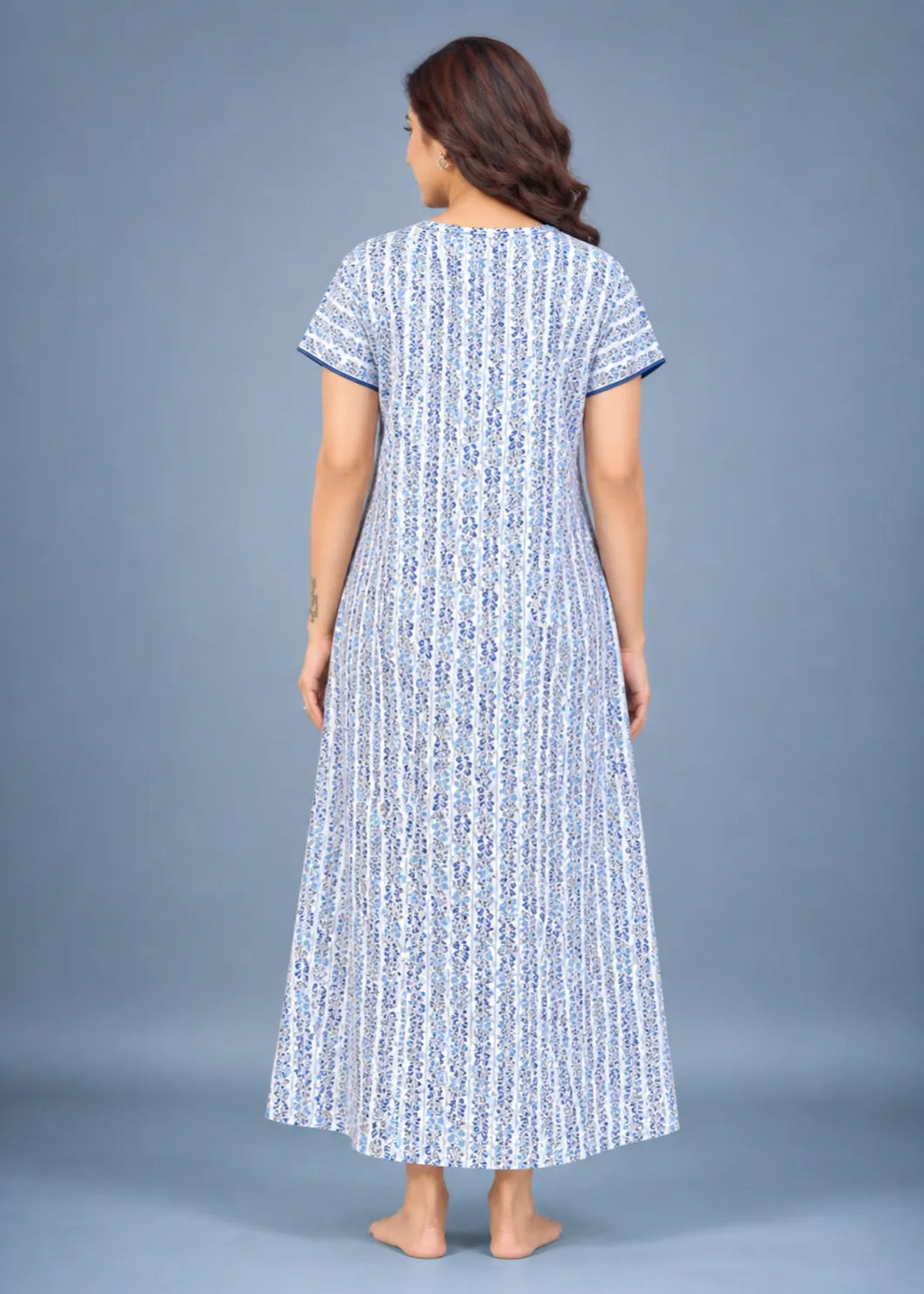 Sky Blue Leaf Print Cotton Nightgown