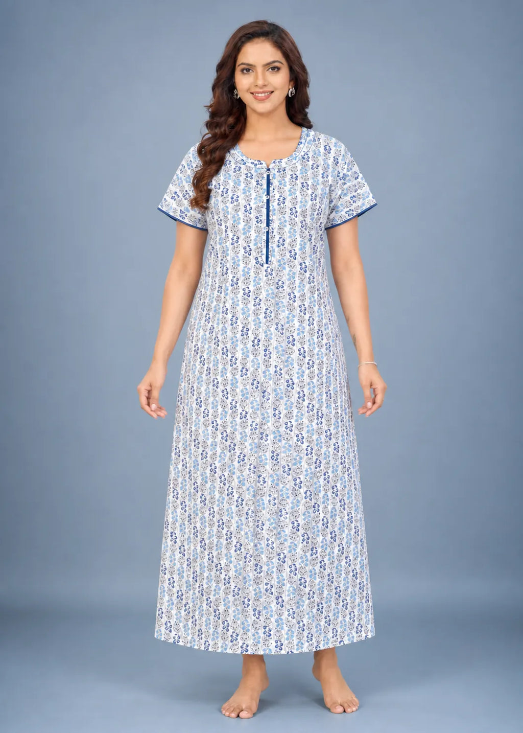 Sky Blue Leaf Print Cotton Nightgown
