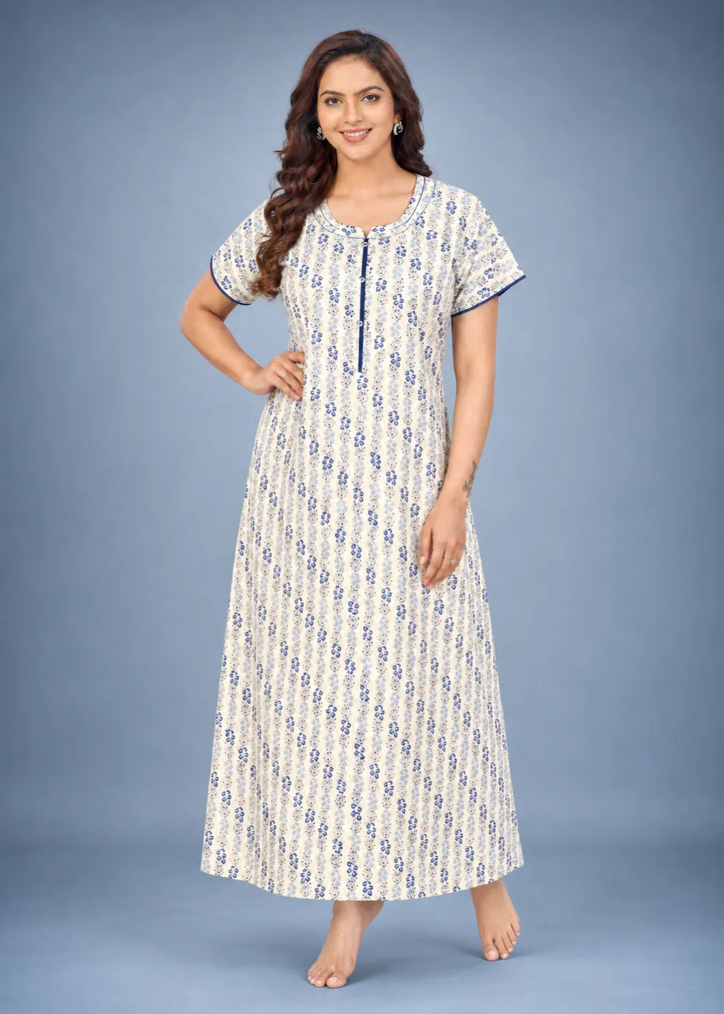 Sky Blue Leaf Print Cotton Nightgown