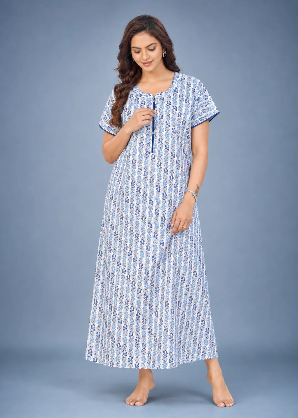 Sky Blue Leaf Print Cotton Nightgown