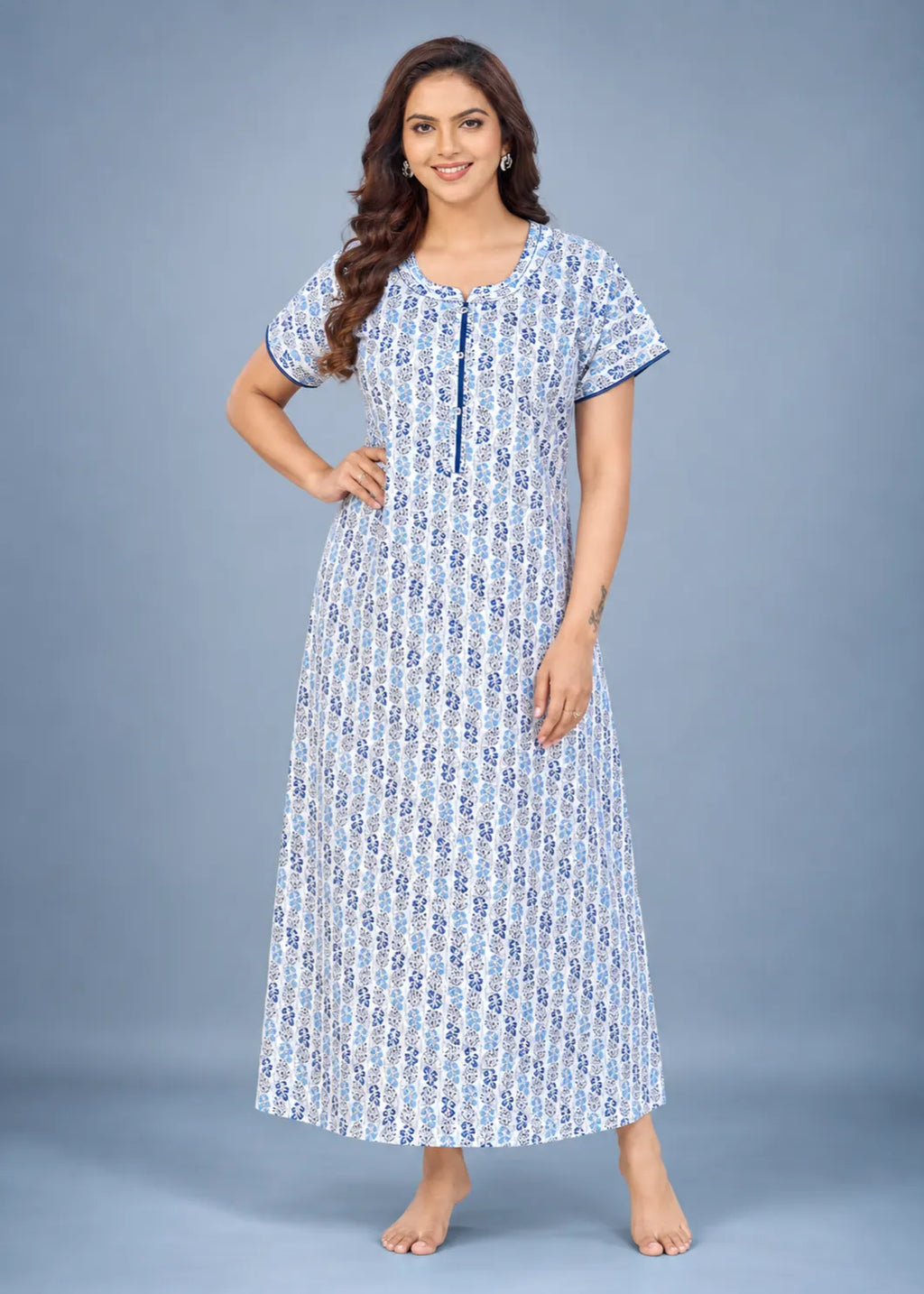 Sky Blue Leaf Print Cotton Nightgown