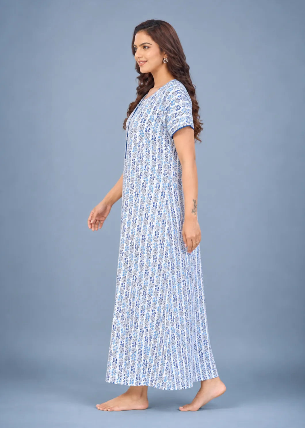 Sky Blue Leaf Print Cotton Nightgown