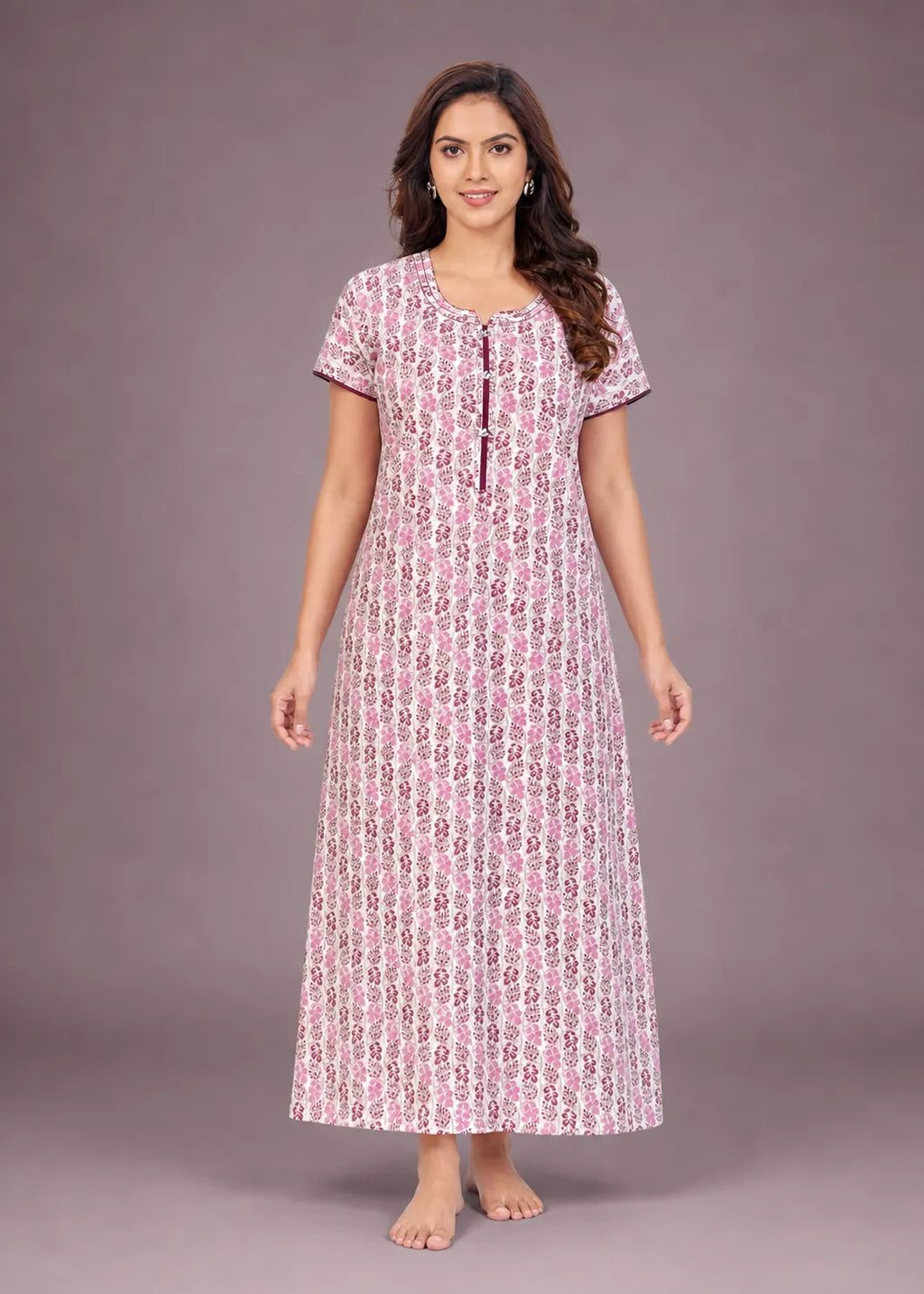 Wine Leaf Print Cotton Nightgown