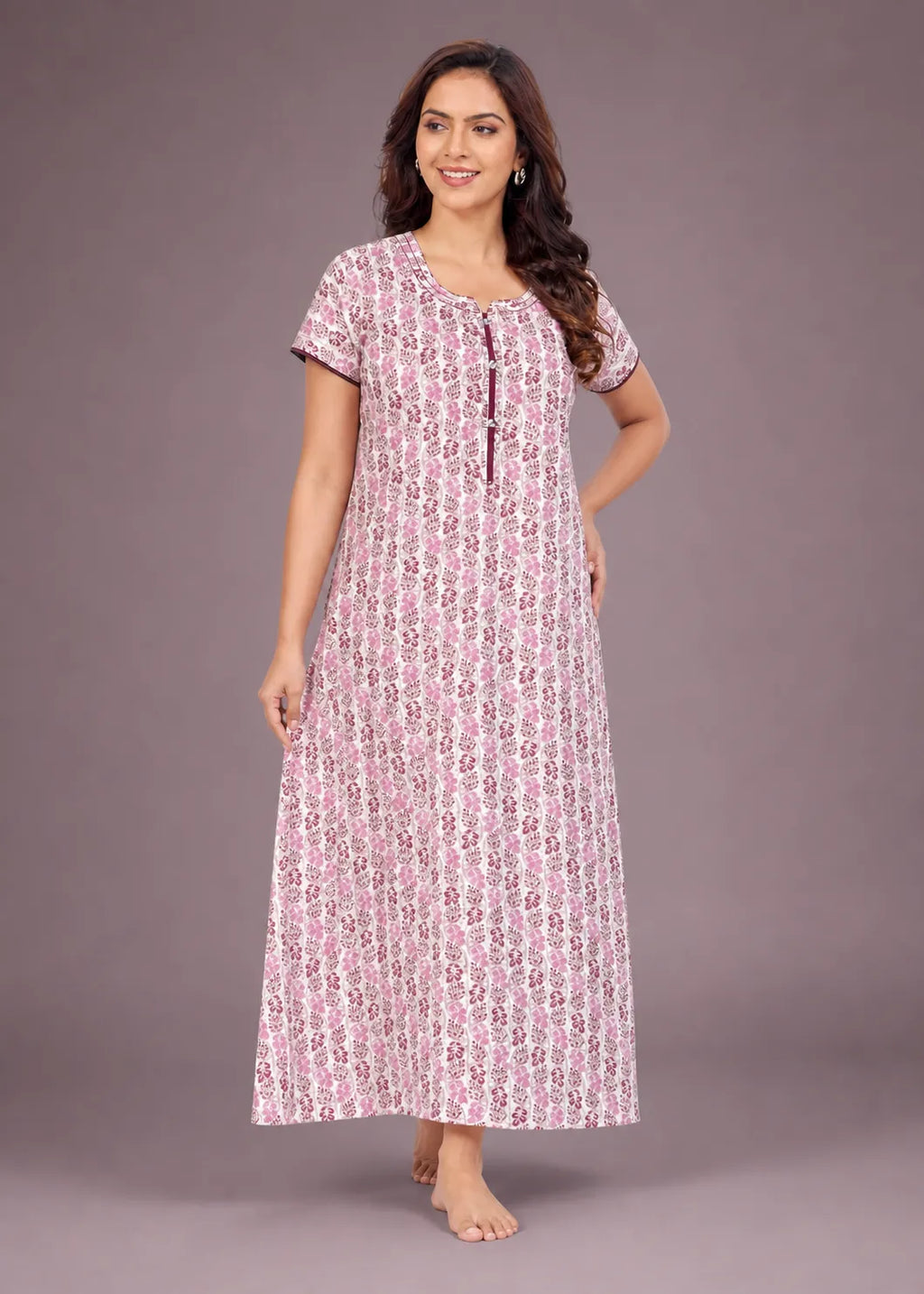 Wine Leaf Print Cotton Nightgown