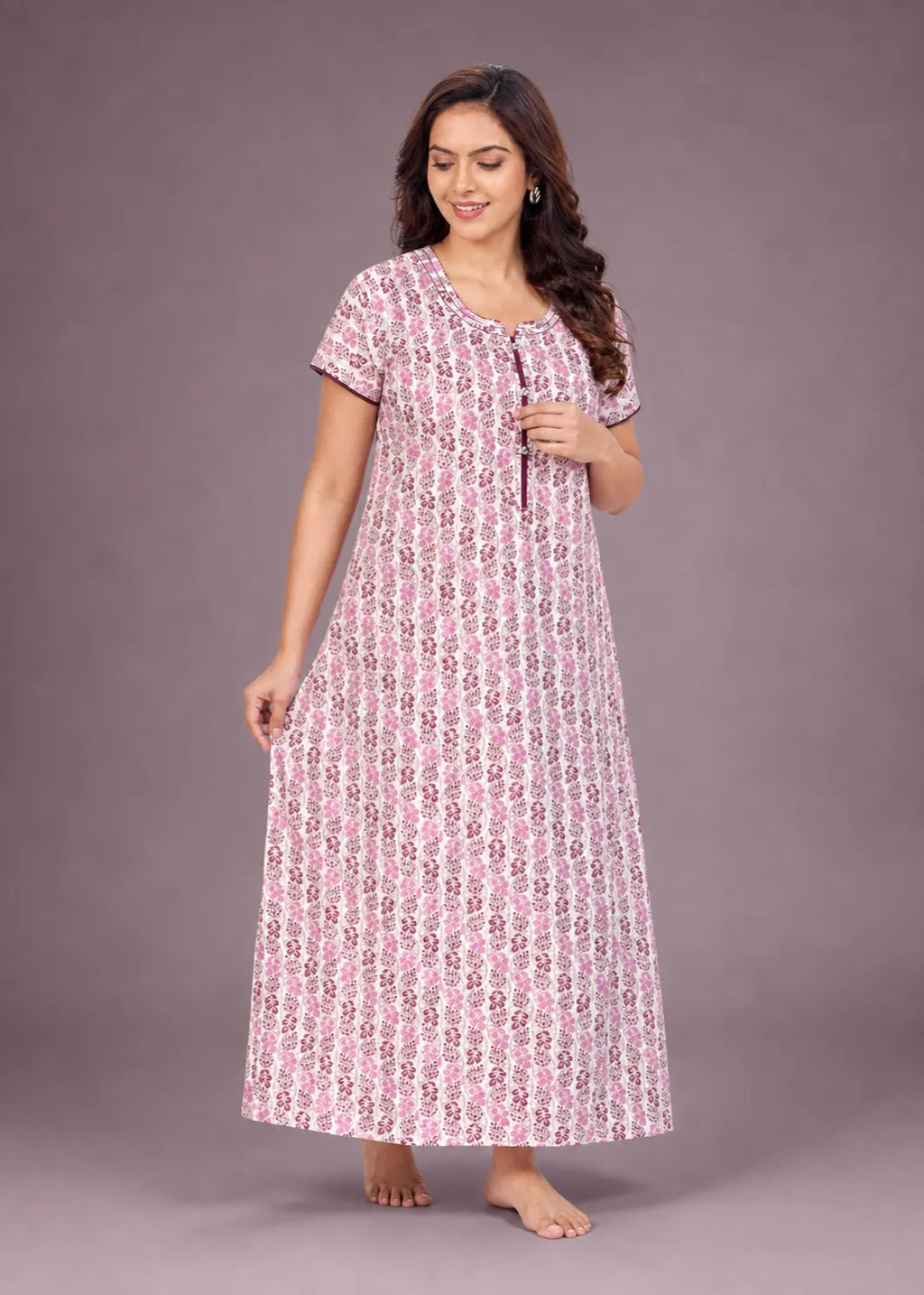 Wine Leaf Print Cotton Nightgown