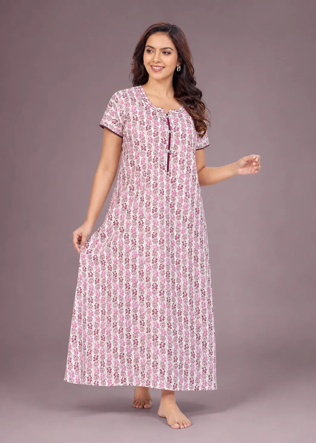 Wine Leaf Print Cotton Nightgown