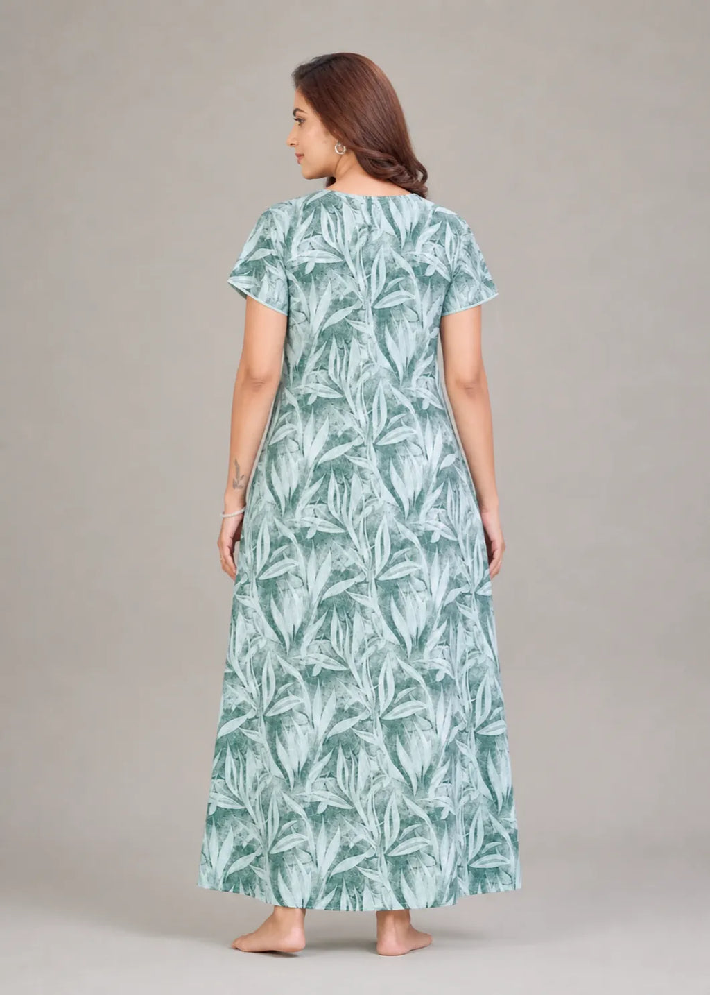 Sage Grey Leaf Print Cotton Nightgown