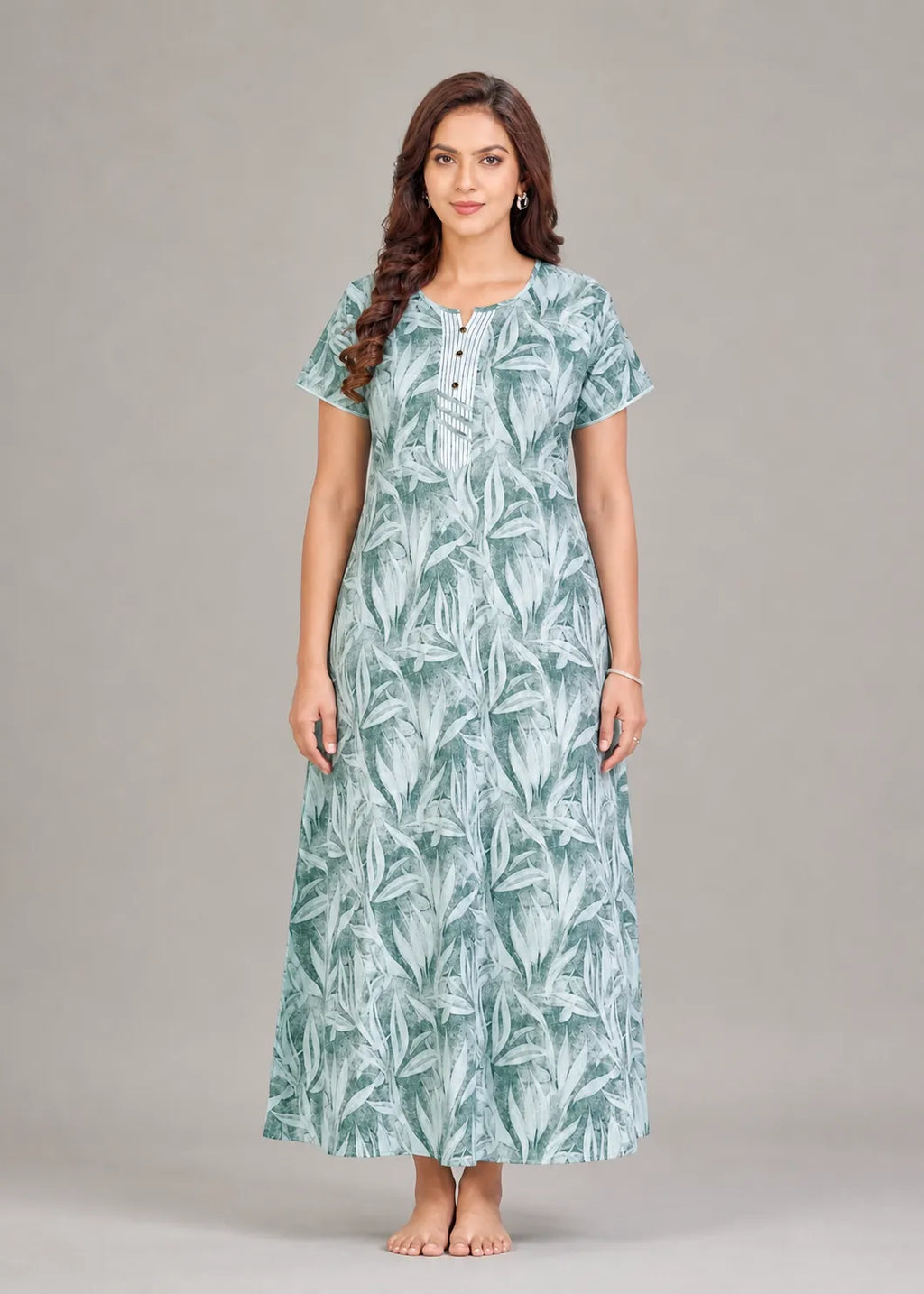 Sage Grey Leaf Print Cotton Nightgown