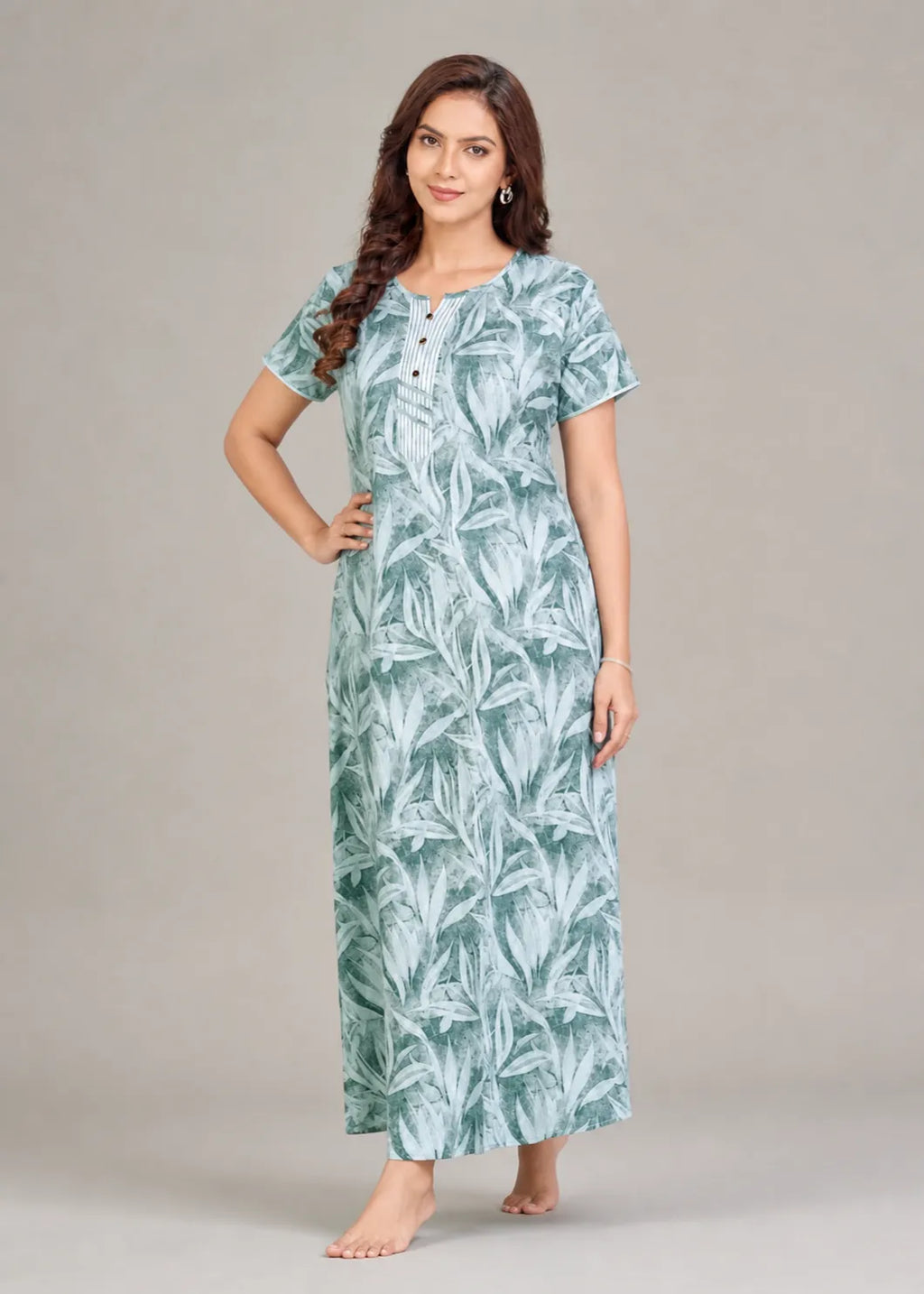 Sage Grey Leaf Print Cotton Nightgown