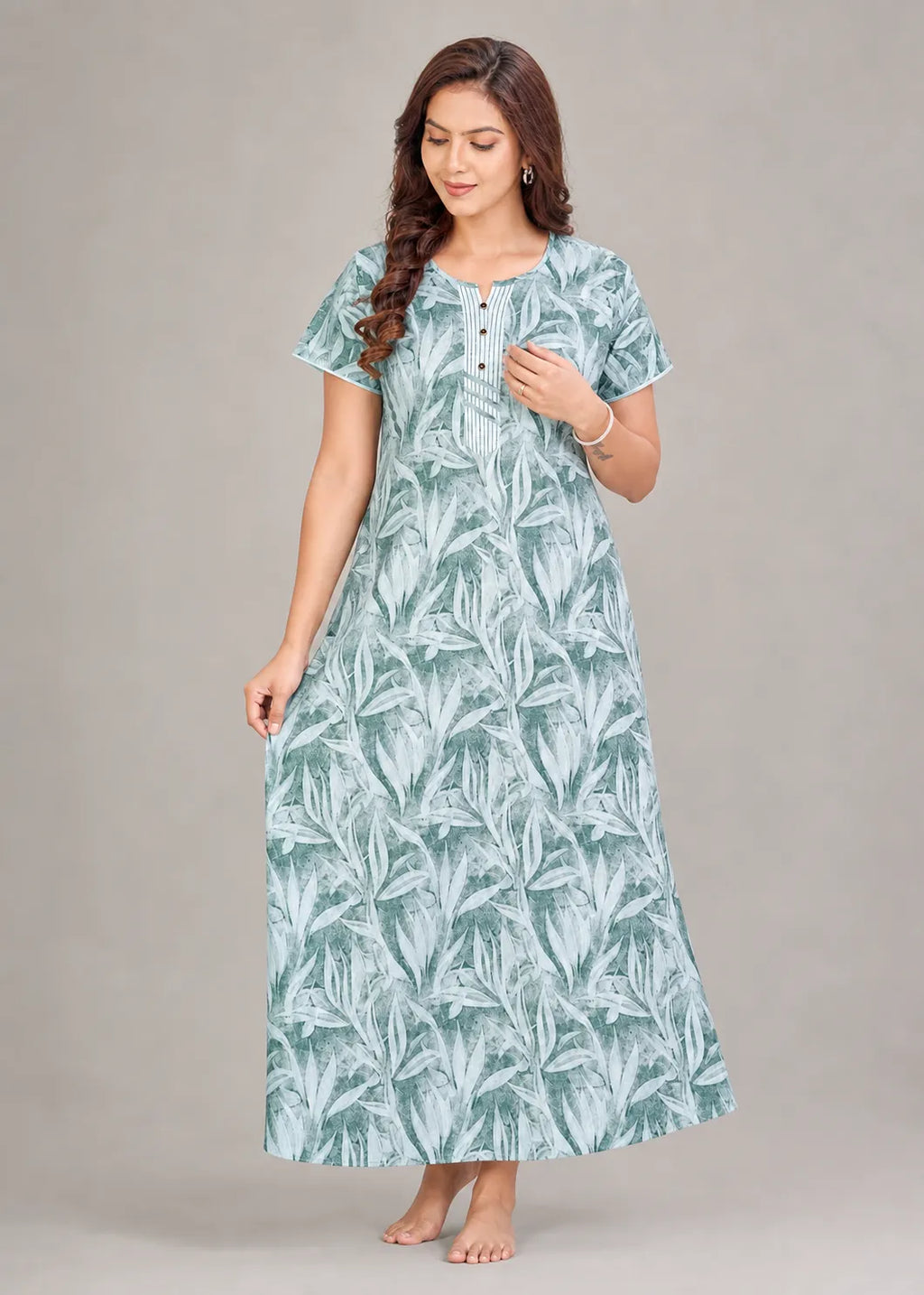 Sage Grey Leaf Print Cotton Nightgown