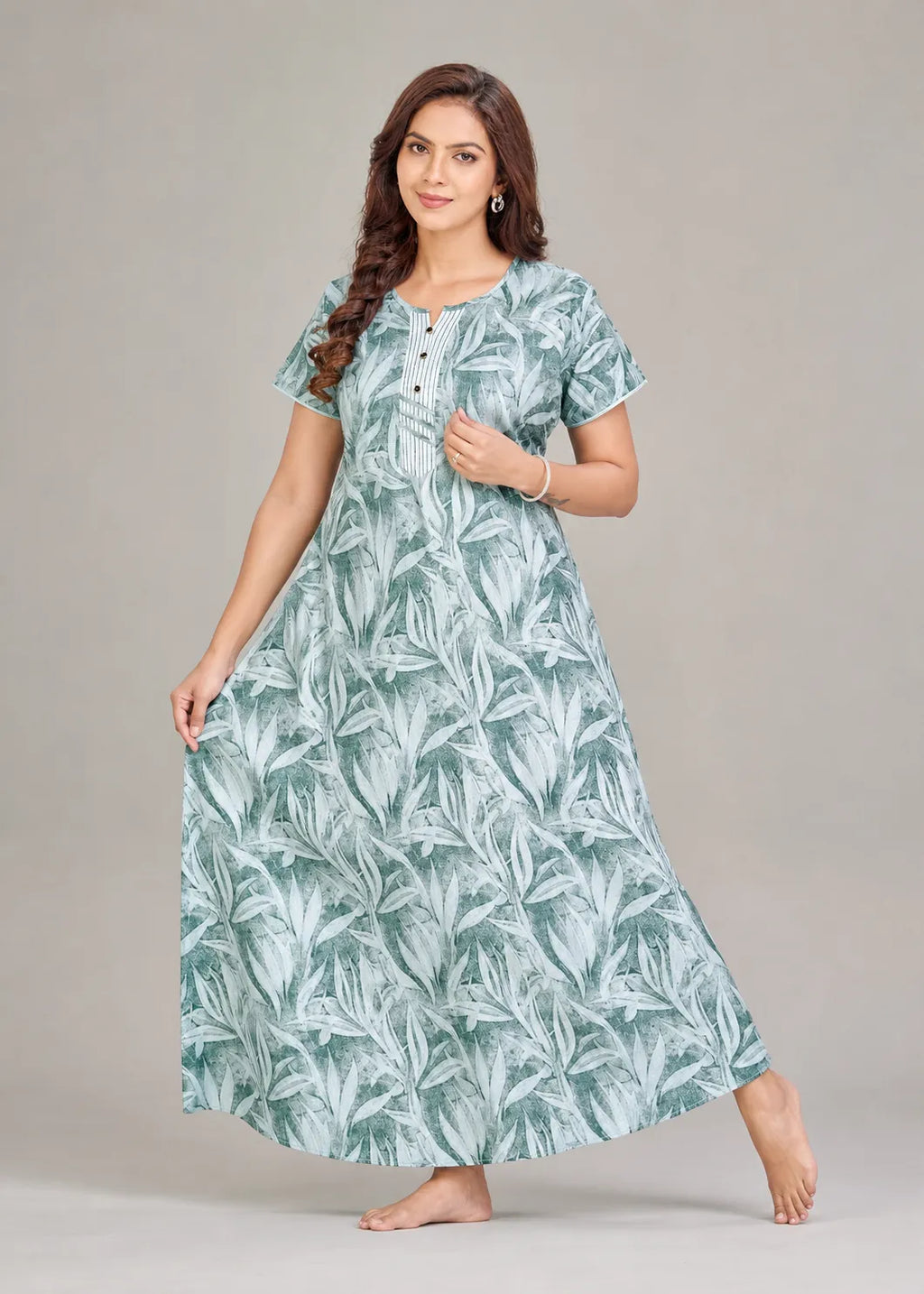 Sage Grey Leaf Print Cotton Nightgown