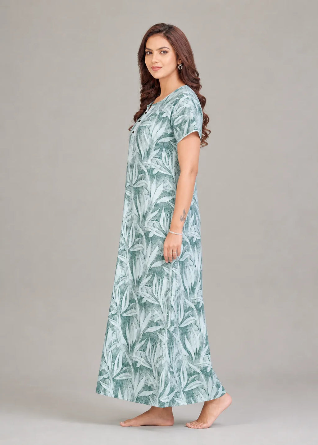 Sage Grey Leaf Print Cotton Nightgown