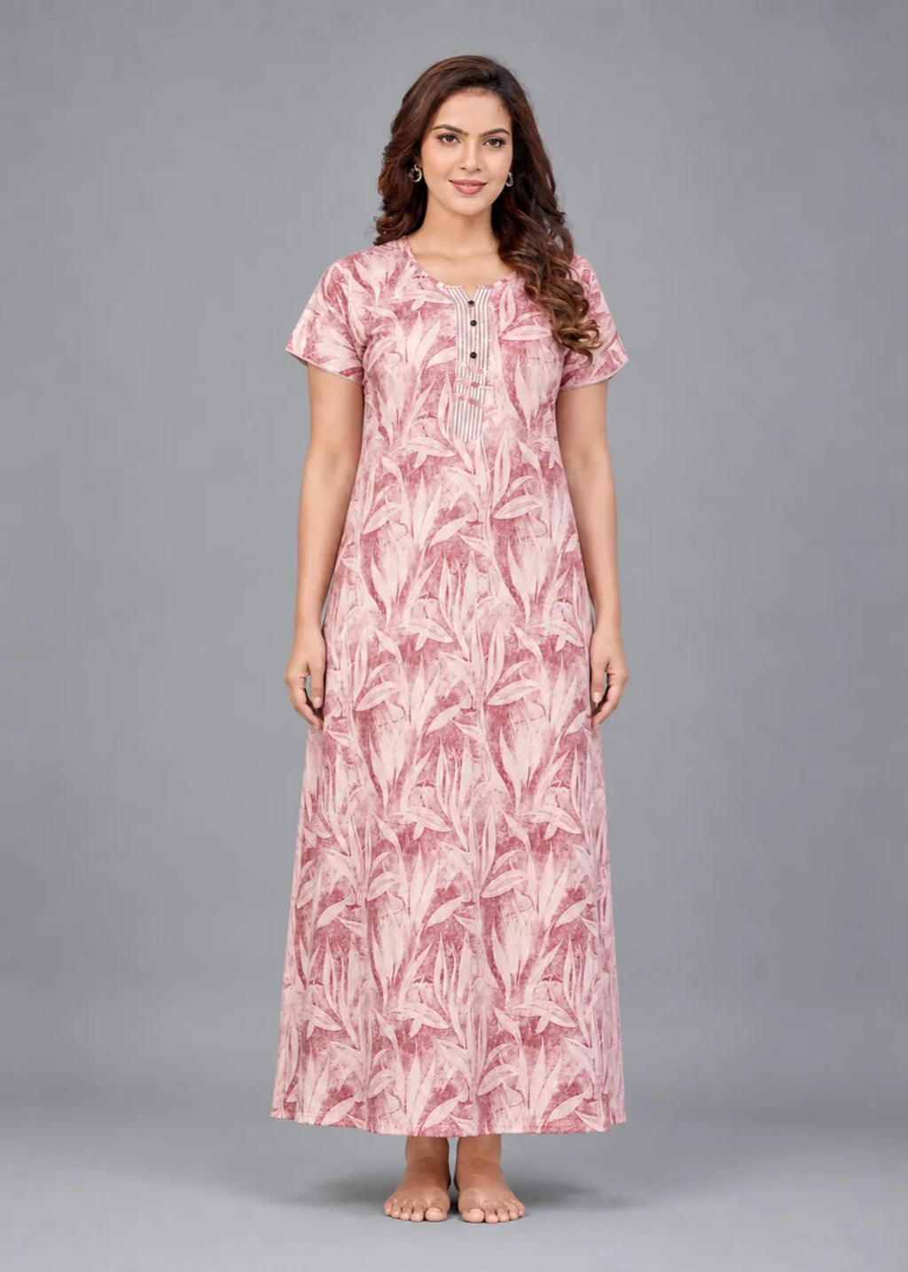 Dusty Rose Leaf Print Cotton Nightgown