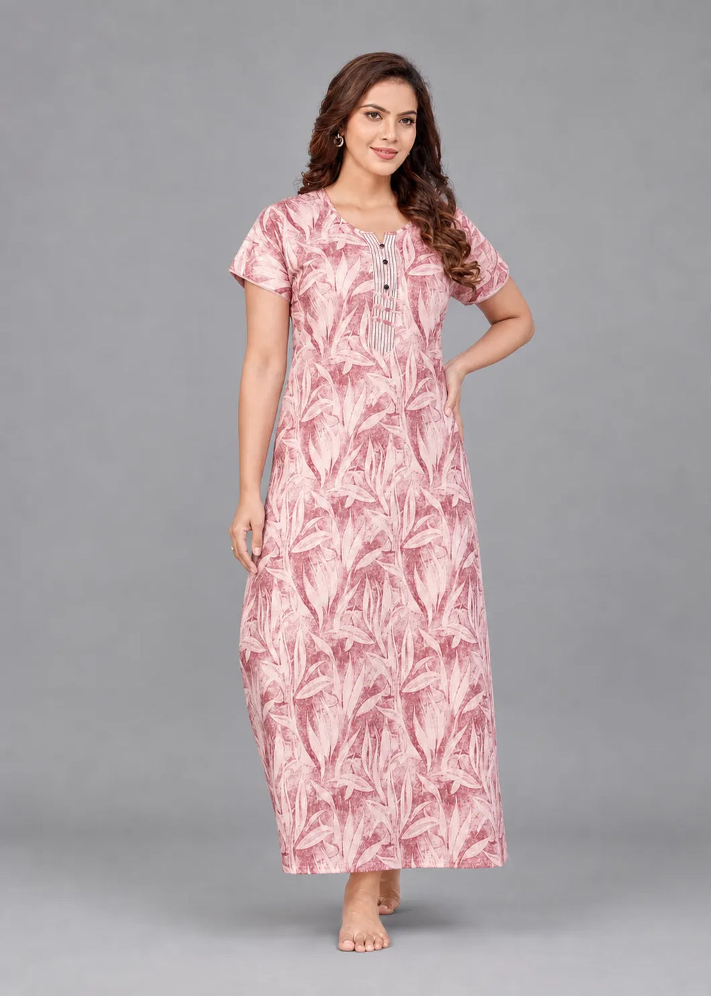 Dusty Rose Leaf Print Cotton Nightgown