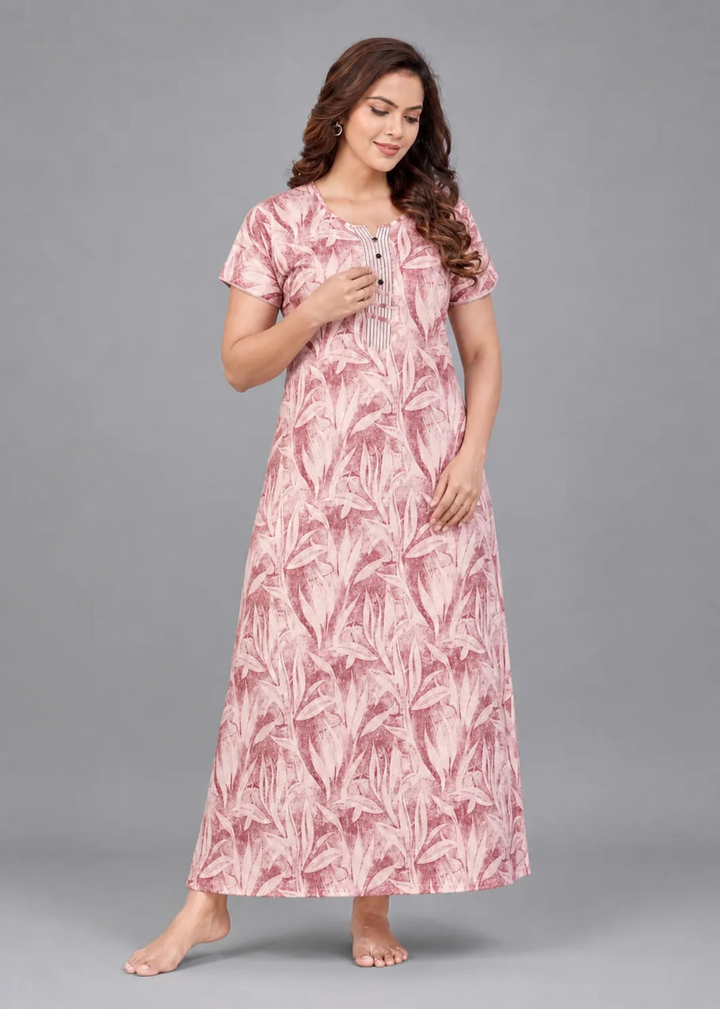 Dusty Rose Leaf Print Cotton Nightgown