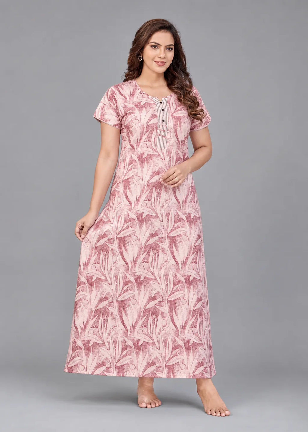 Dusty Rose Leaf Print Cotton Nightgown