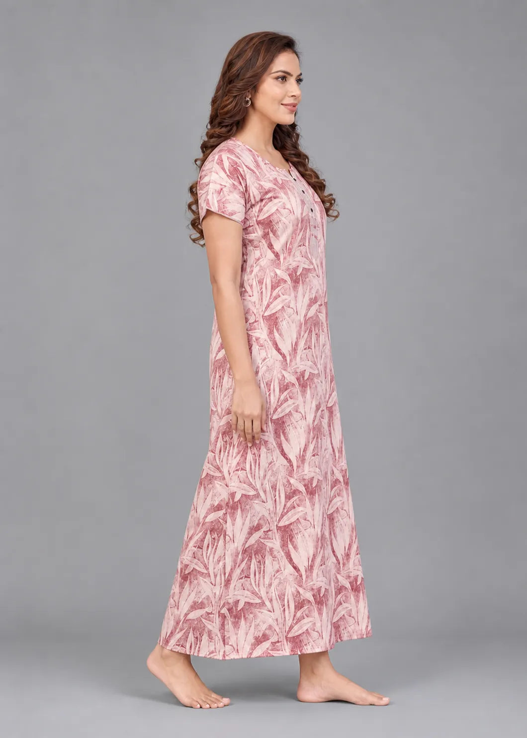 Dusty Rose Leaf Print Cotton Nightgown