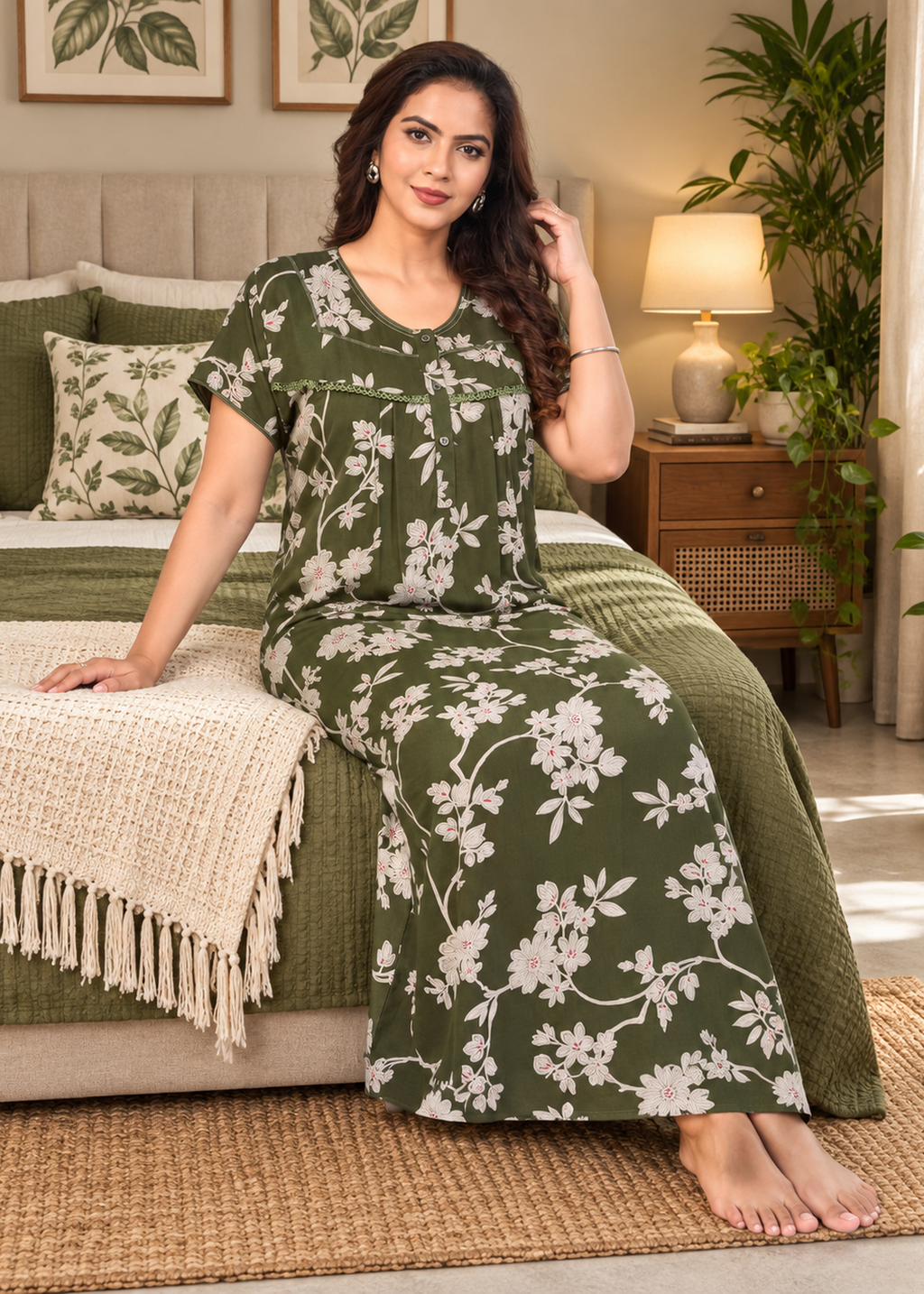Olive Green Blossom Floral Alpine Nightgown