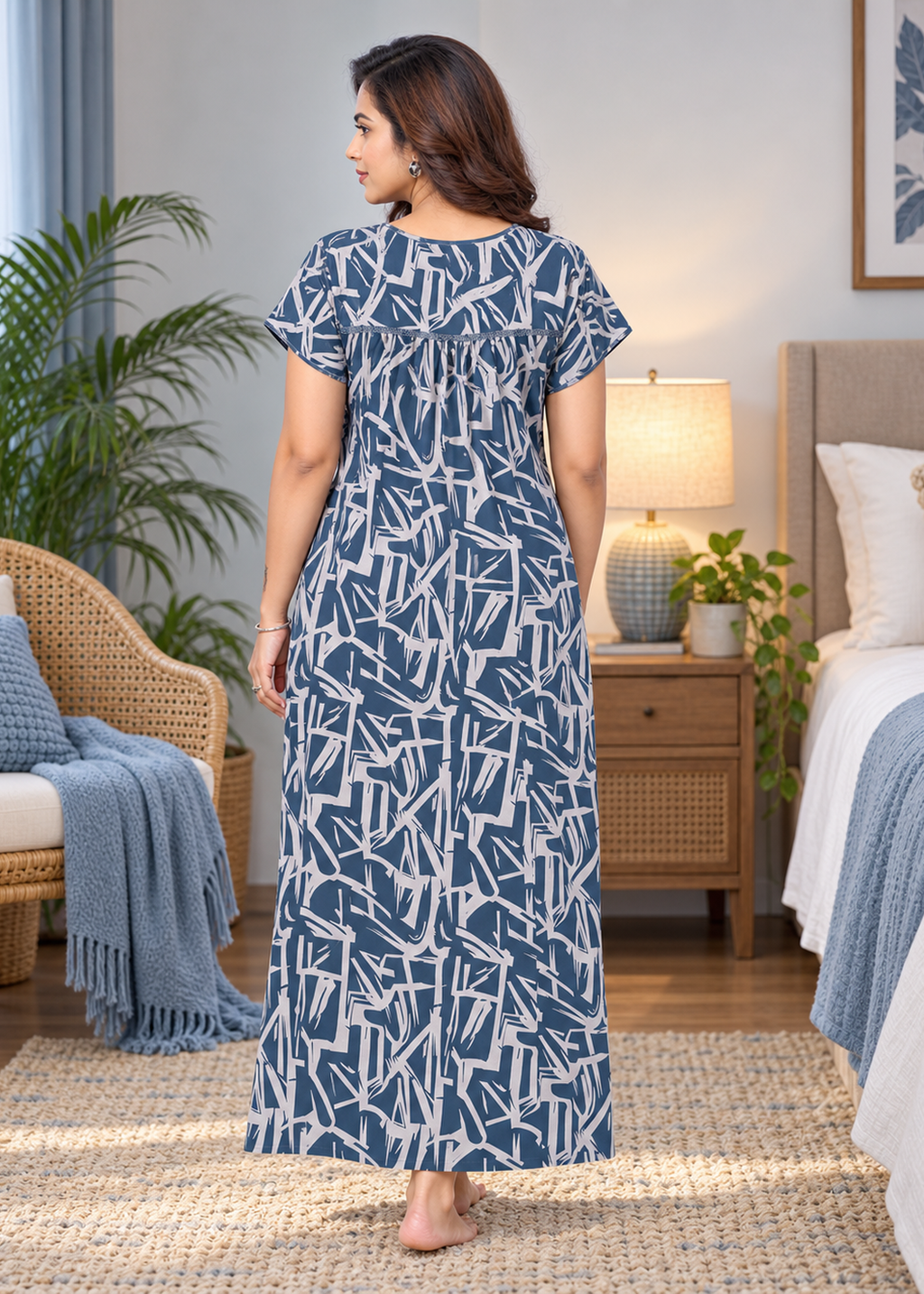 Navy Blue Geometric Line Alpine Nightgown