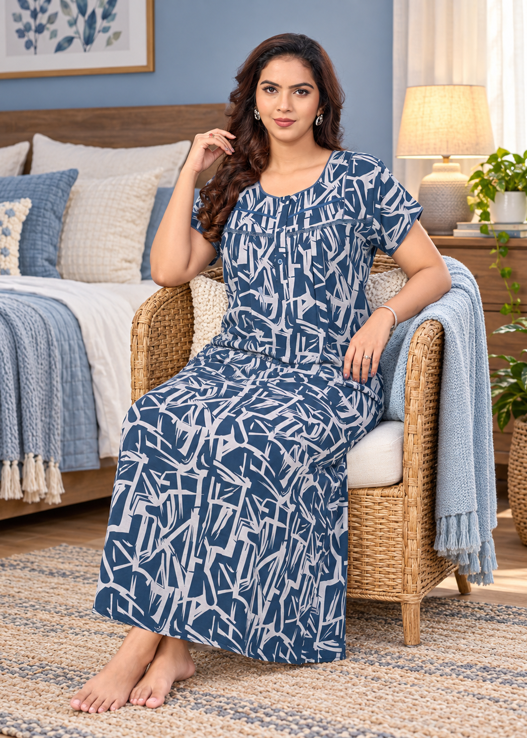 Navy Blue Geometric Line Alpine Nightgown