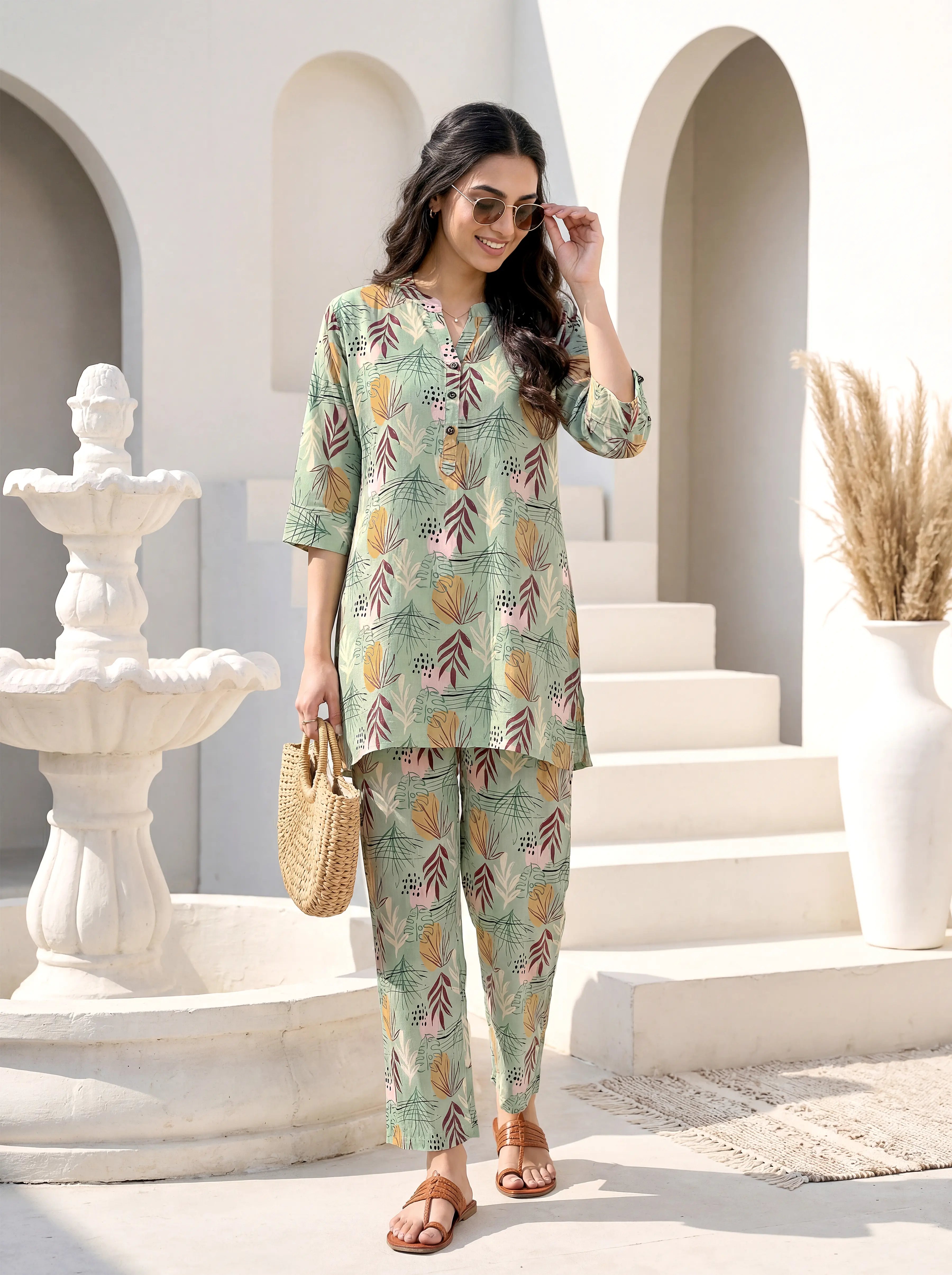 Woman in a floral outfit standing in front of a white architectural background