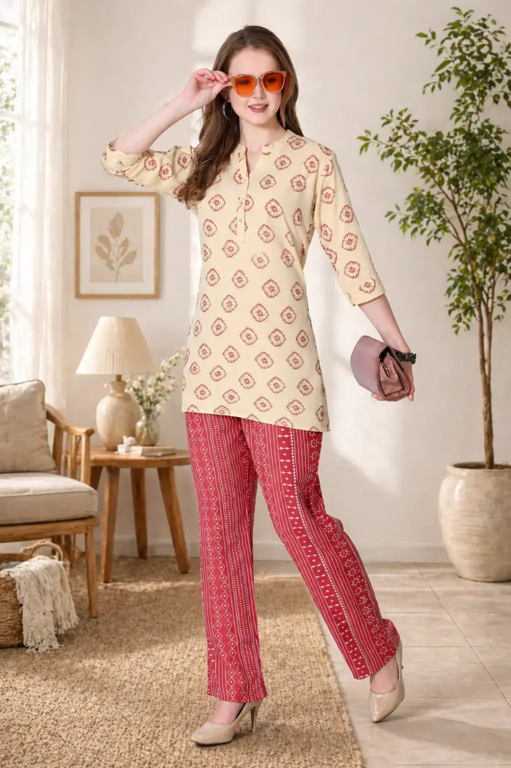 Woman wearing a patterned top and red pants in a living room setting