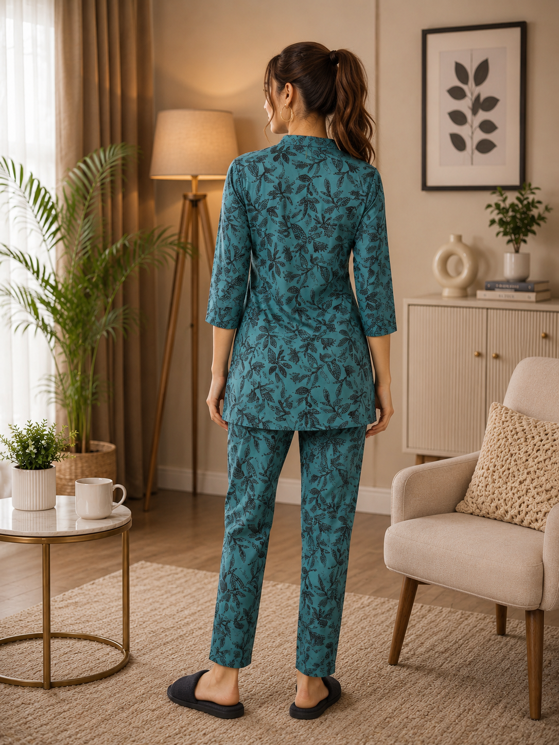 Teal Botanical Leaf Kurti Set