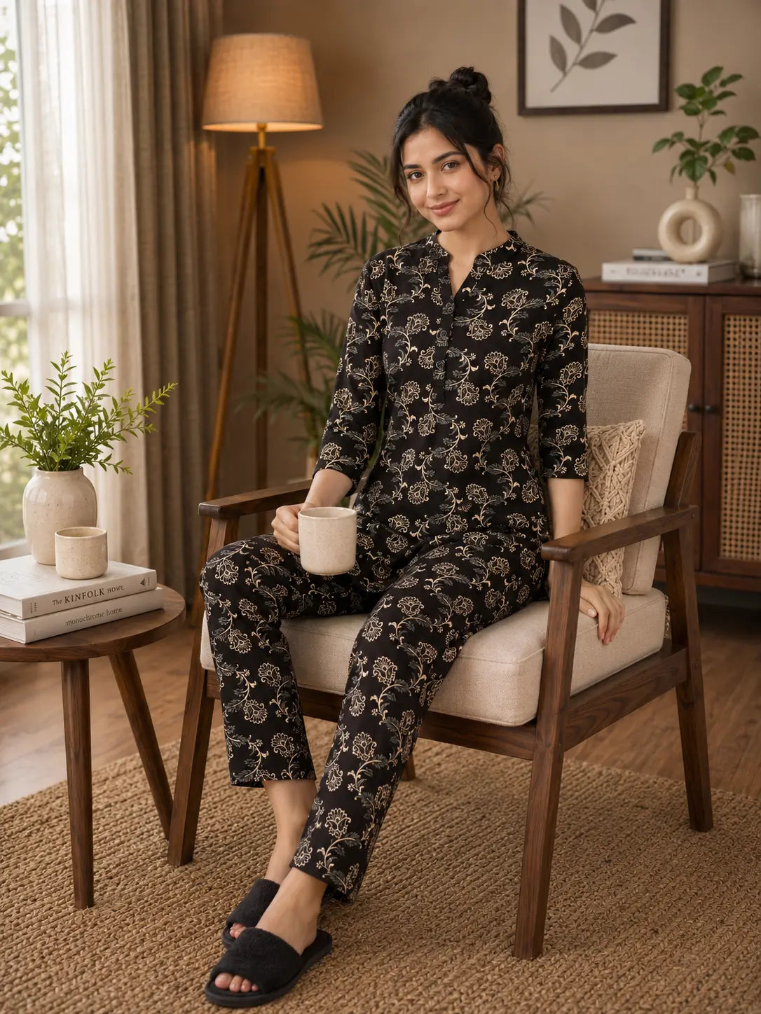 Black Ornate Floral Kurti Set