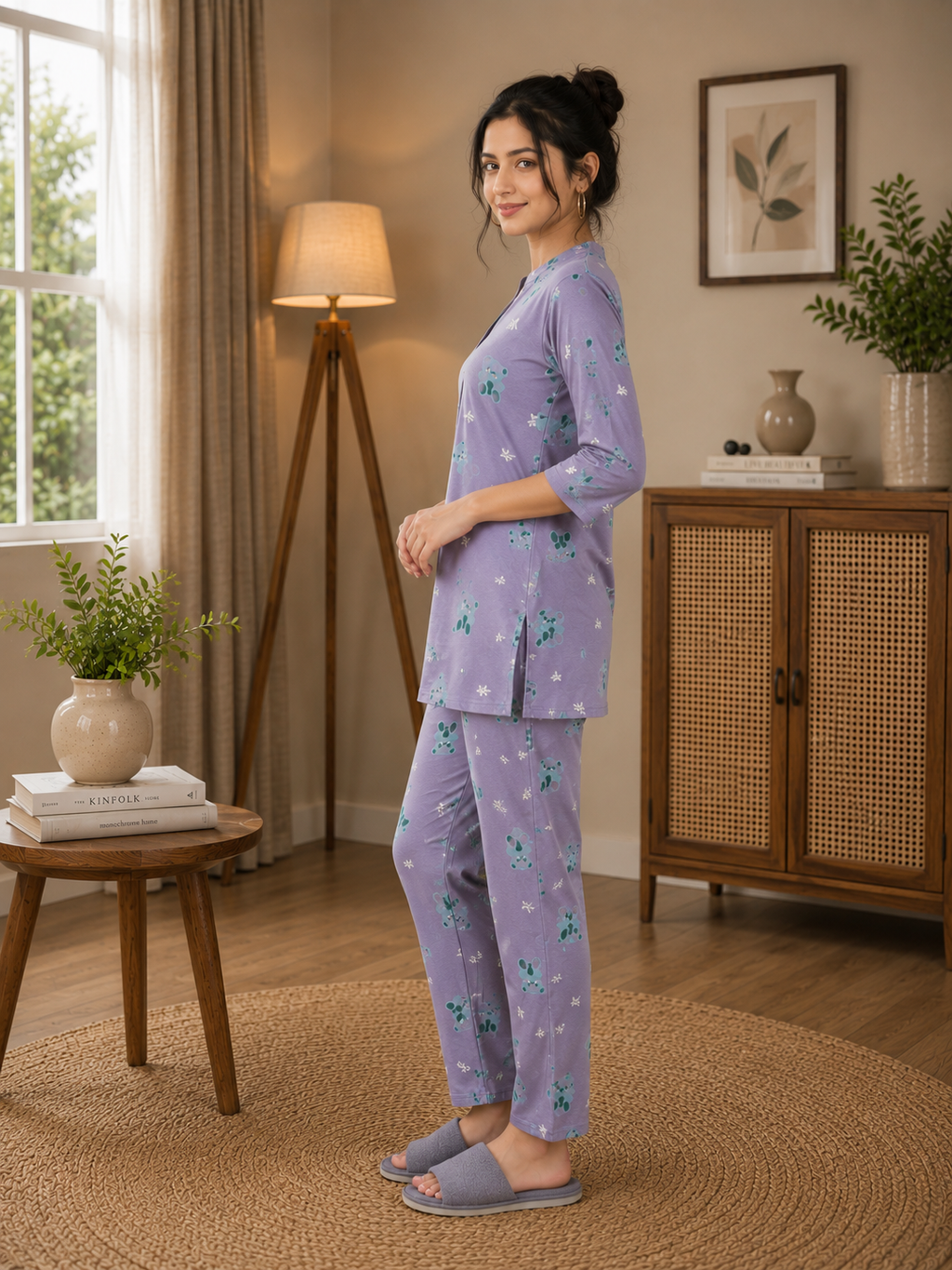 Woman wearing a purple pajama set in a cozy room with a lamp and plants.
