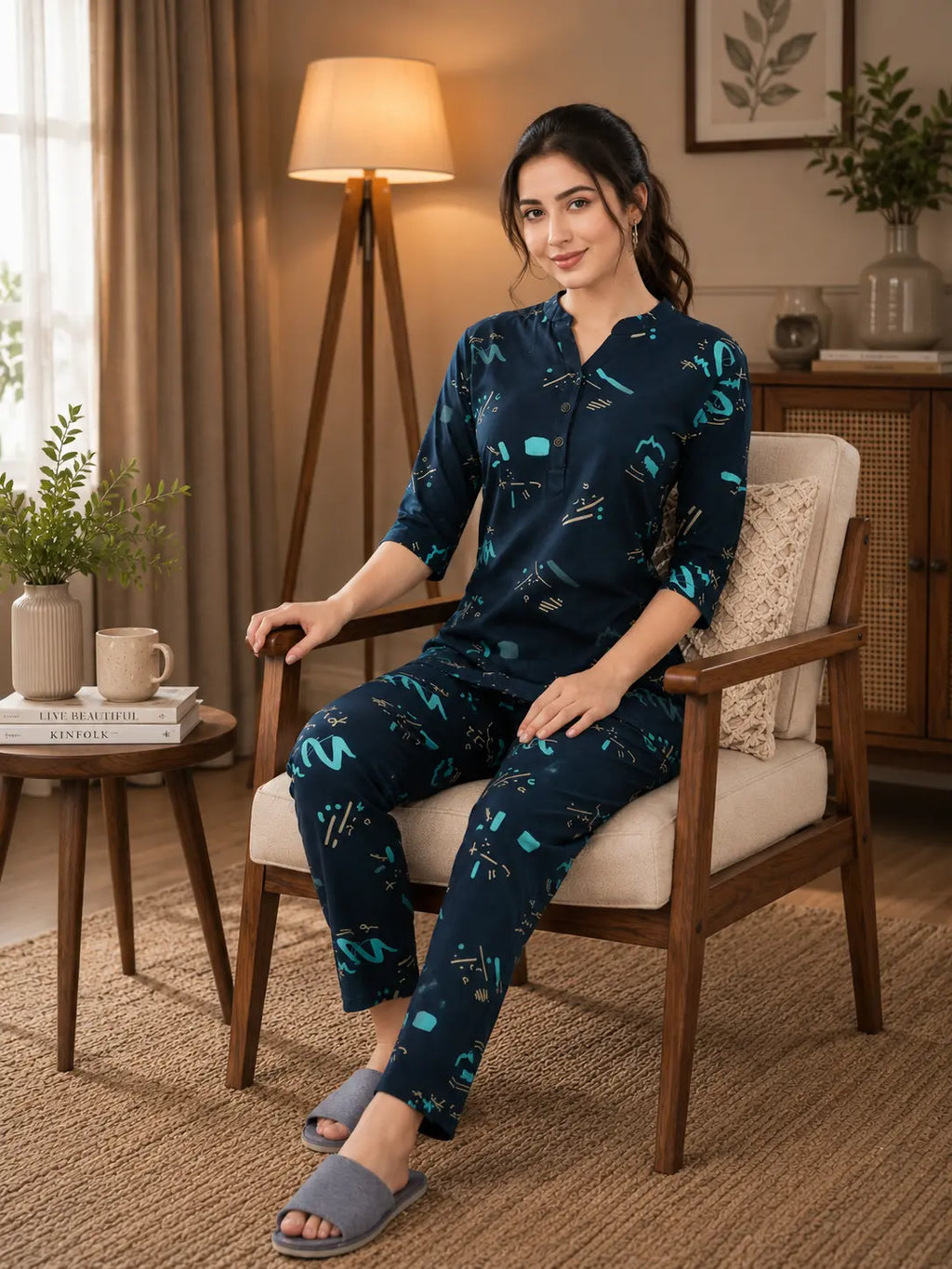 Teal Geometric Strokes Kurti Set