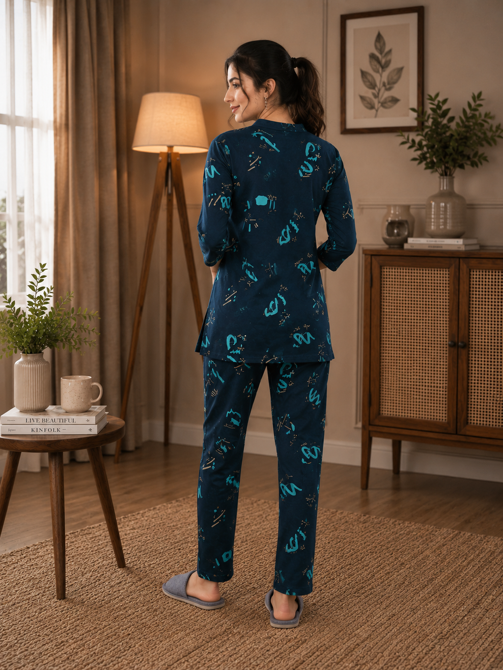 Teal Geometric Strokes Kurti Set