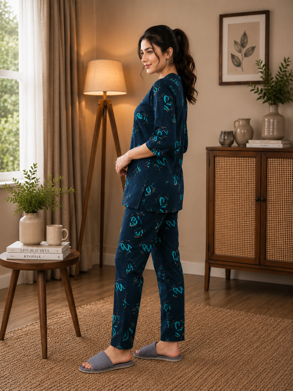 Woman wearing a dark blue pajama set in a cozy room.