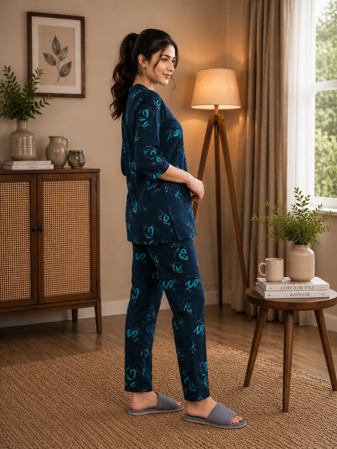 Teal Geometric Strokes Kurti Set