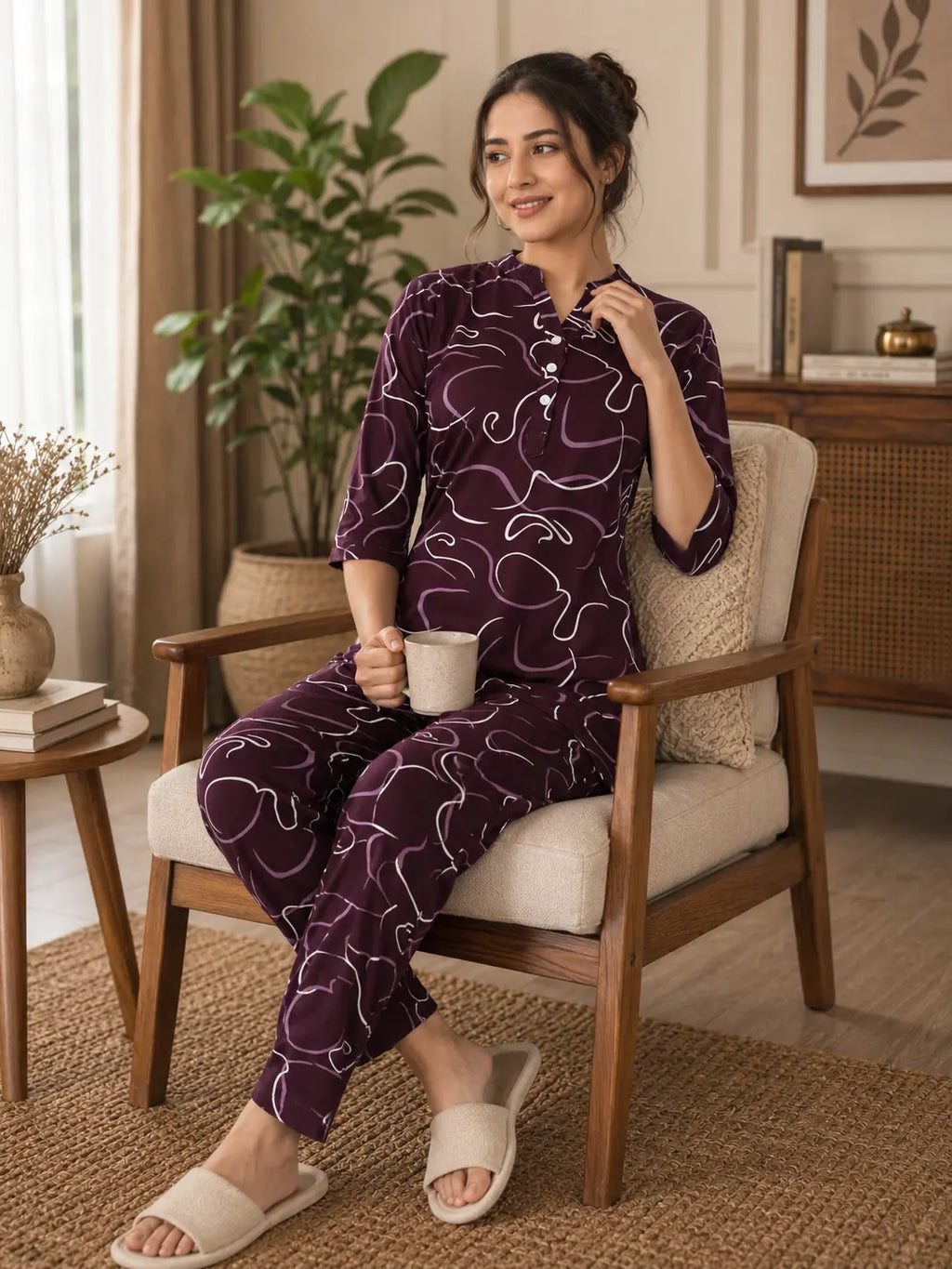 Wine Abstract Swirl Kurti Set
