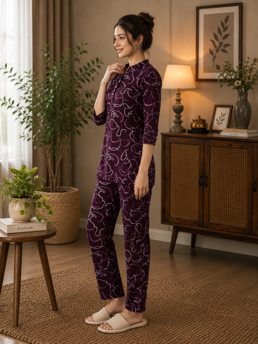 Woman wearing a purple pajama set in a cozy room with plants and furniture.