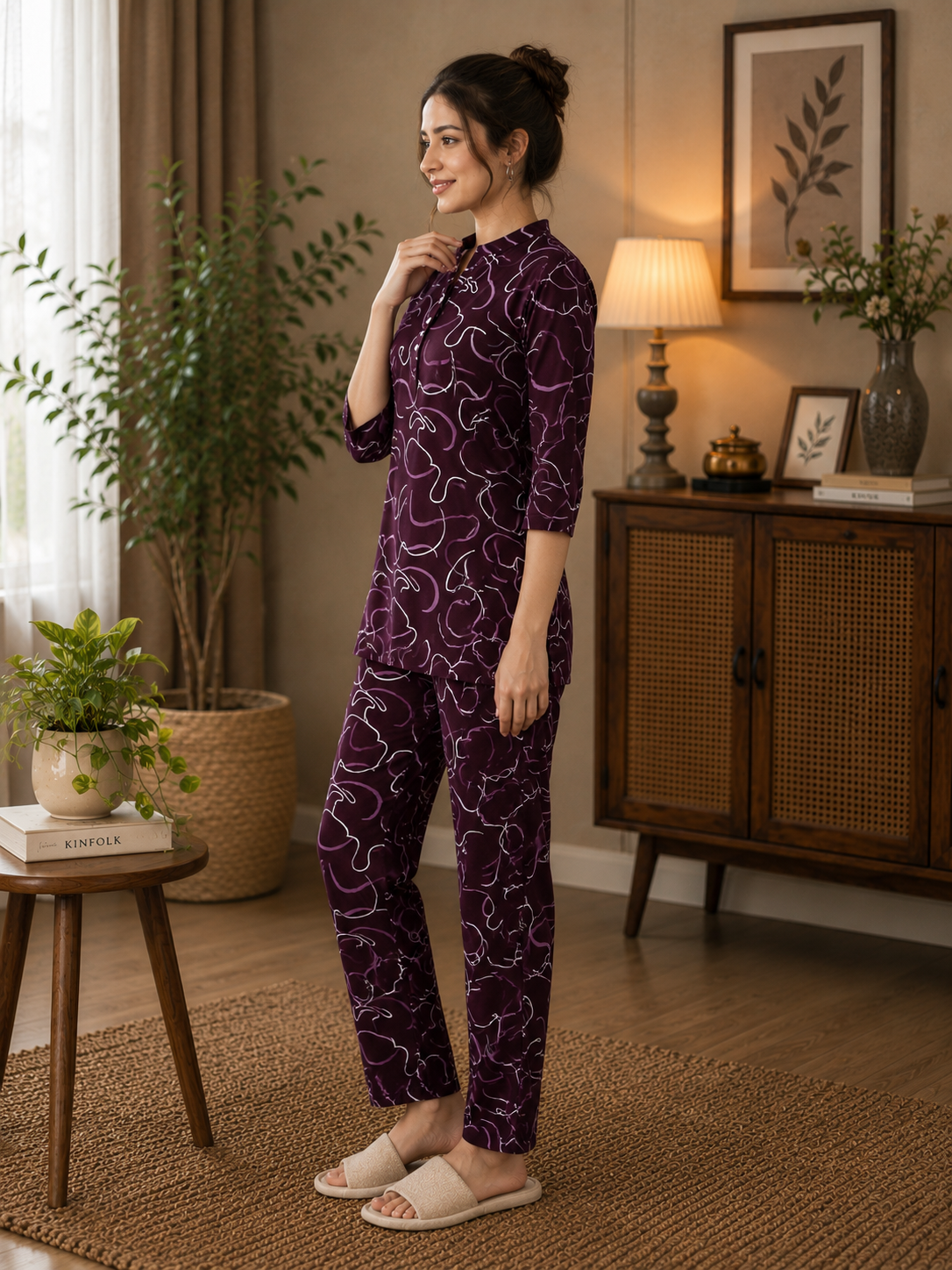 Woman wearing a purple pajama set in a cozy room with plants and furniture.