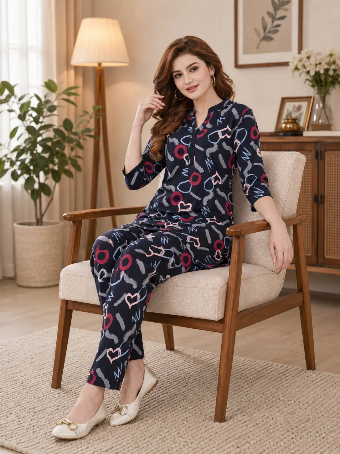 Navy Abstract Heart Kurti Set
