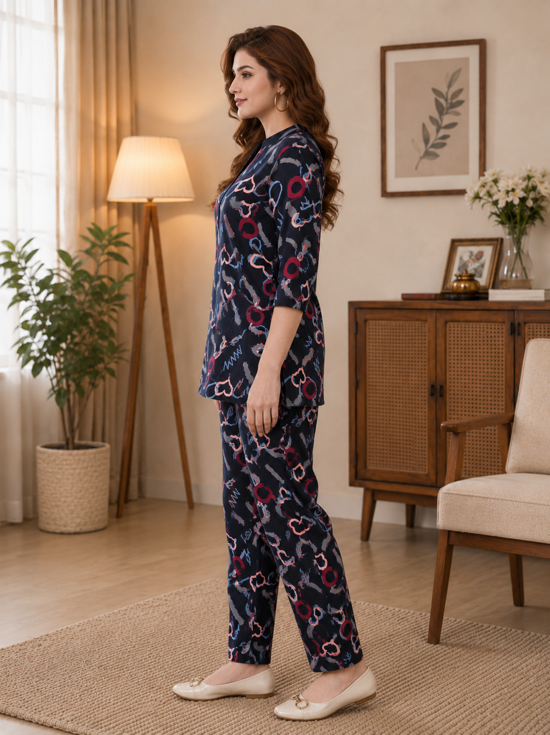 Woman wearing a navy blue pajama set with pink floral patterns in a cozy living room.