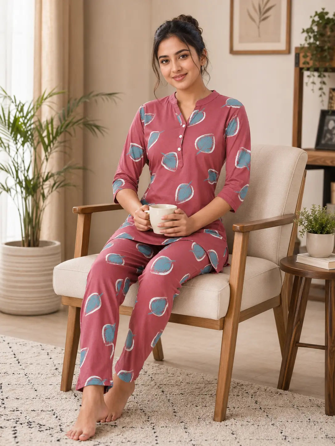 Rose Pink Leaf Kurti Set