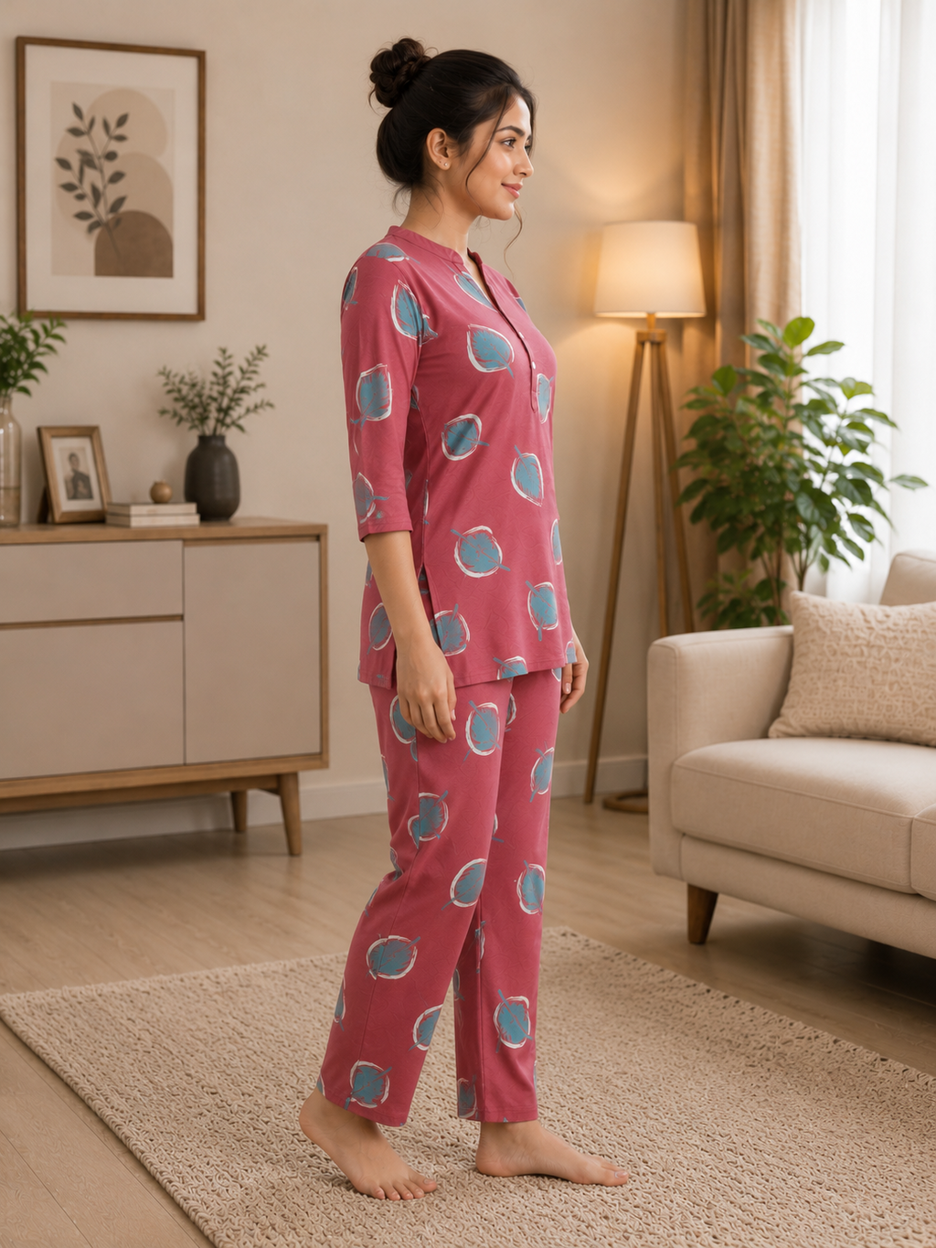 Woman wearing pink polka dot pajamas in a cozy living room.