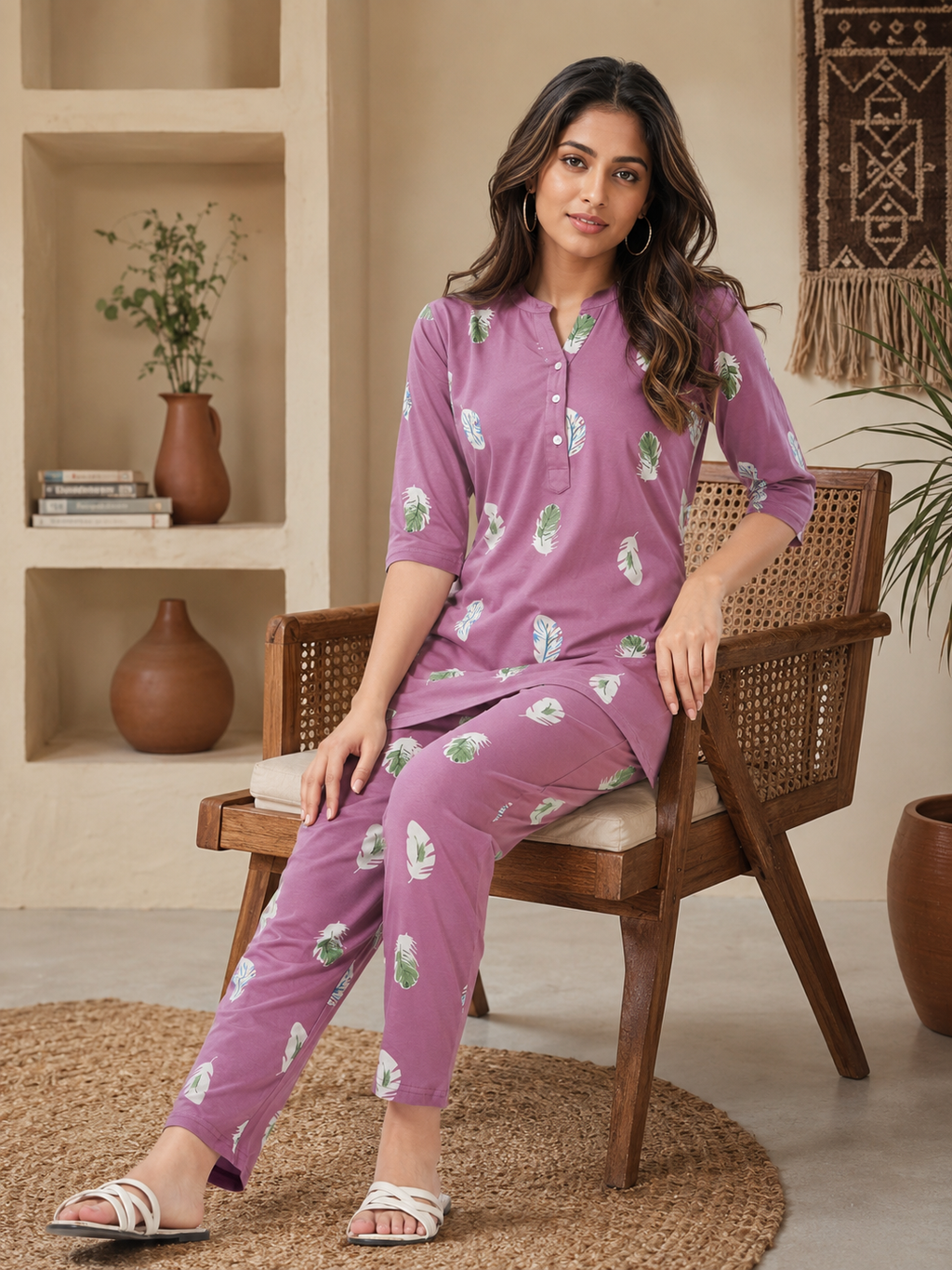 Mauve Feather Cotton Kurti Set