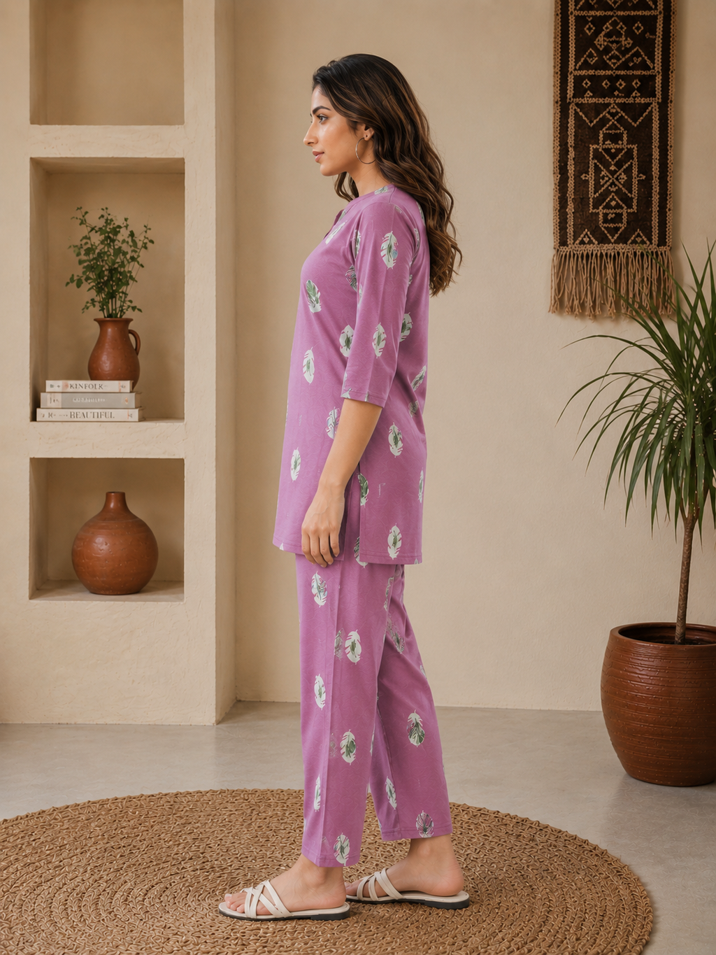 Mauve Feather Cotton Kurti Set