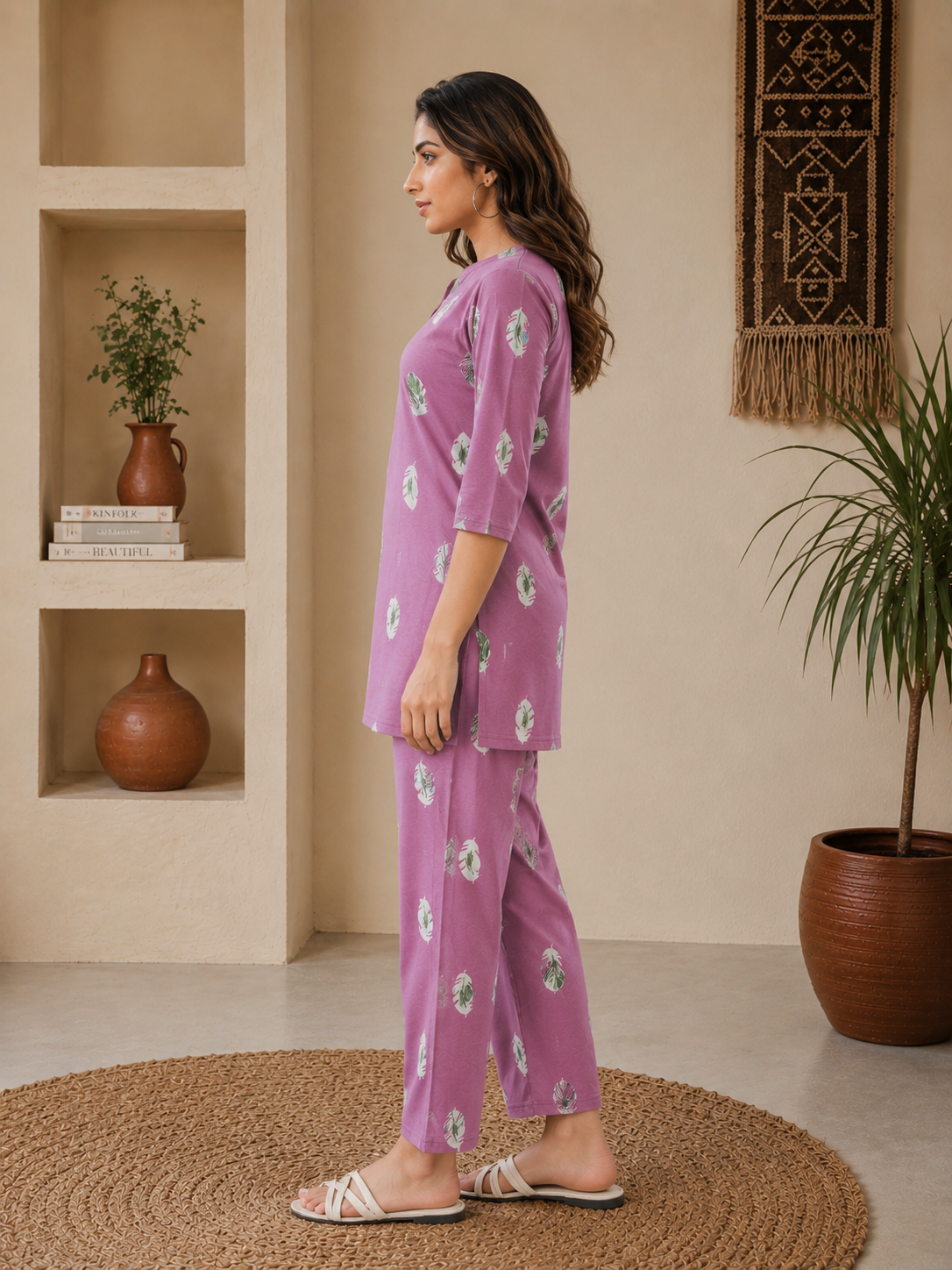 Mauve Feather Cotton Kurti Set