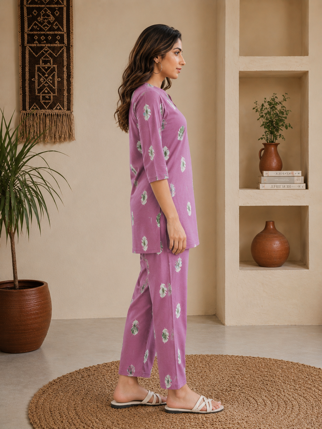 Mauve Feather Cotton Kurti Set