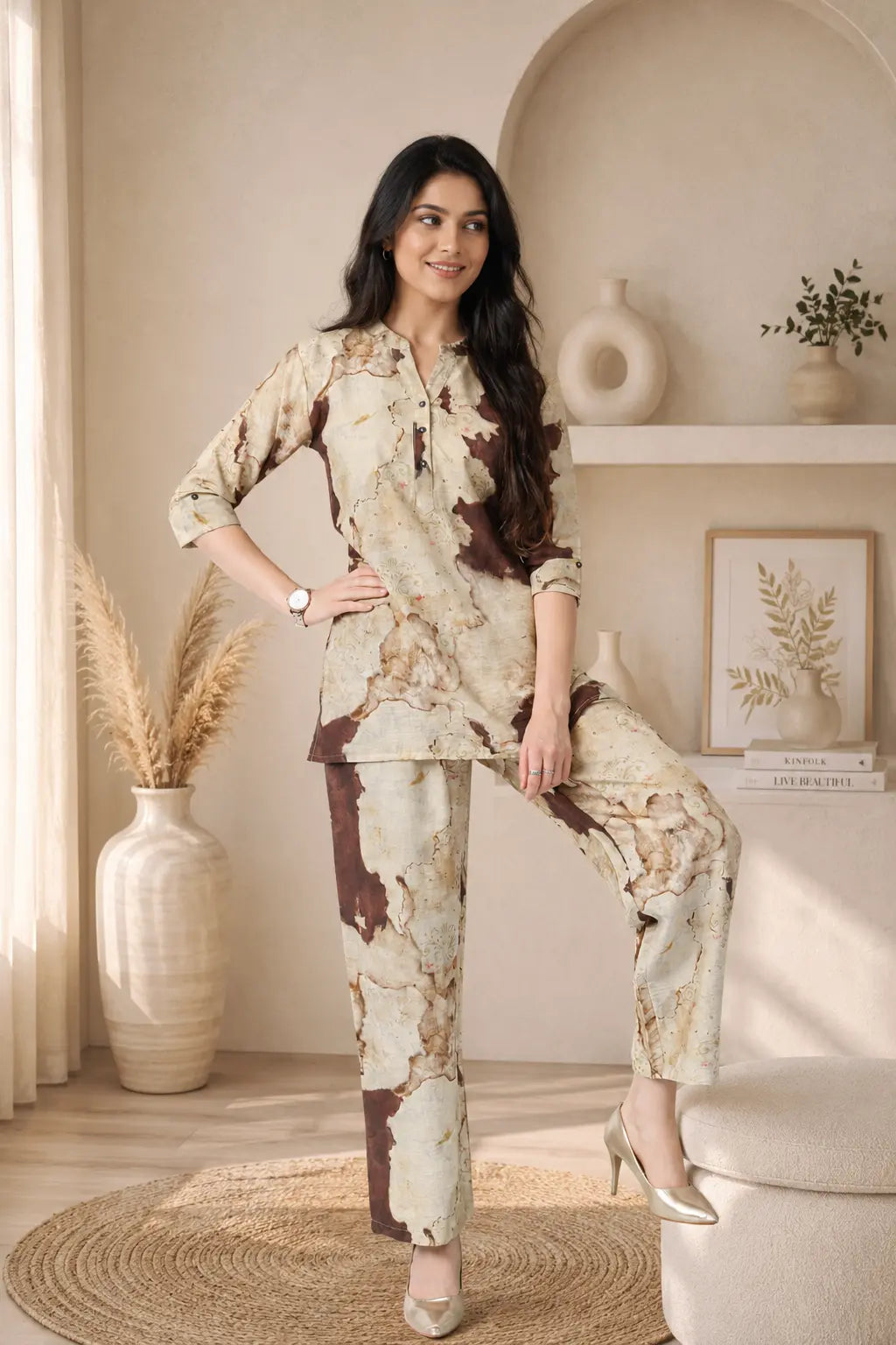 Woman in a floral outfit standing in a stylish room with decor elements.